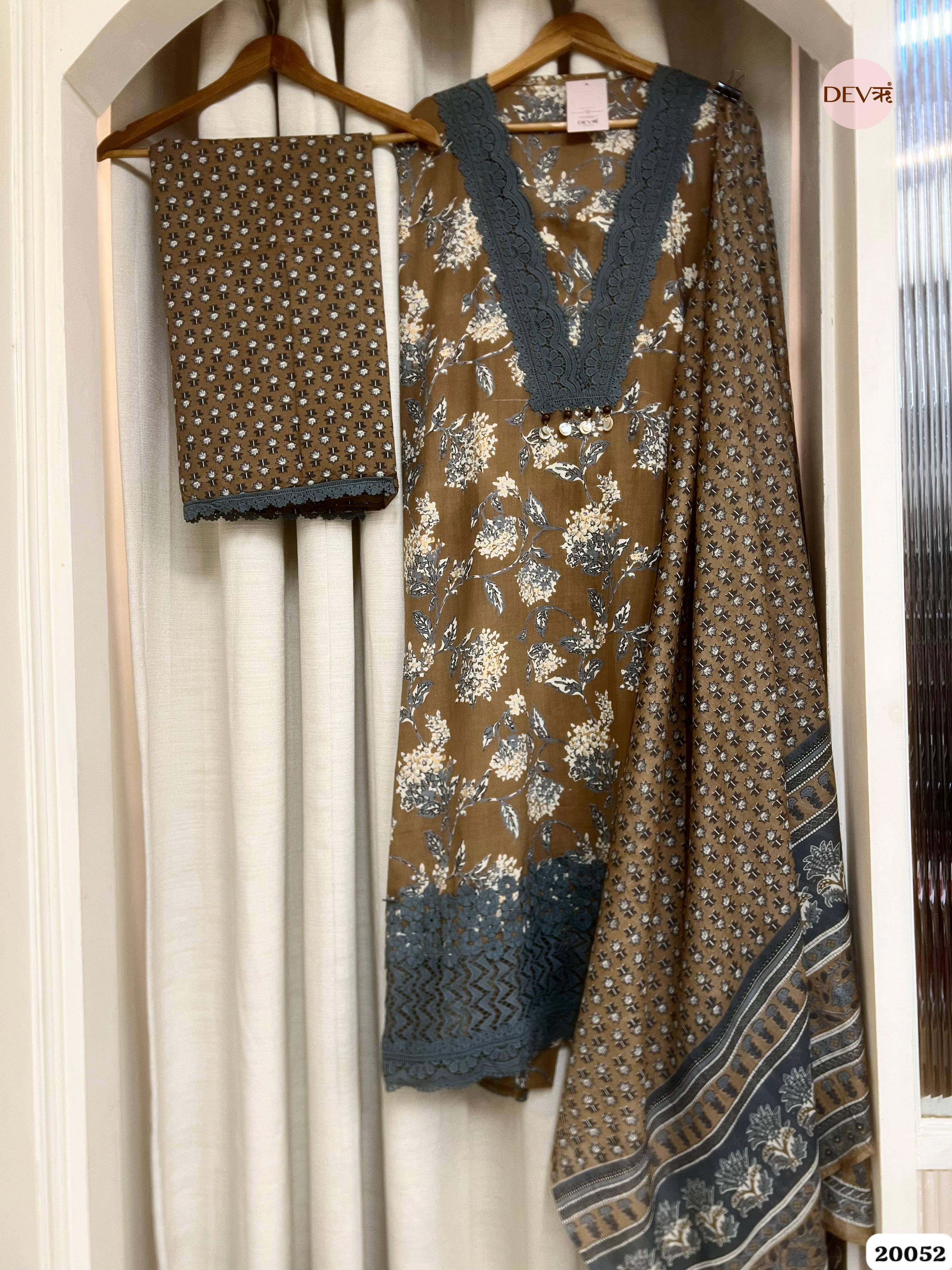 Olive Brown Pure Cotton Printed Unstitched 3-Piece Suit (Devri – D.No. 20052)