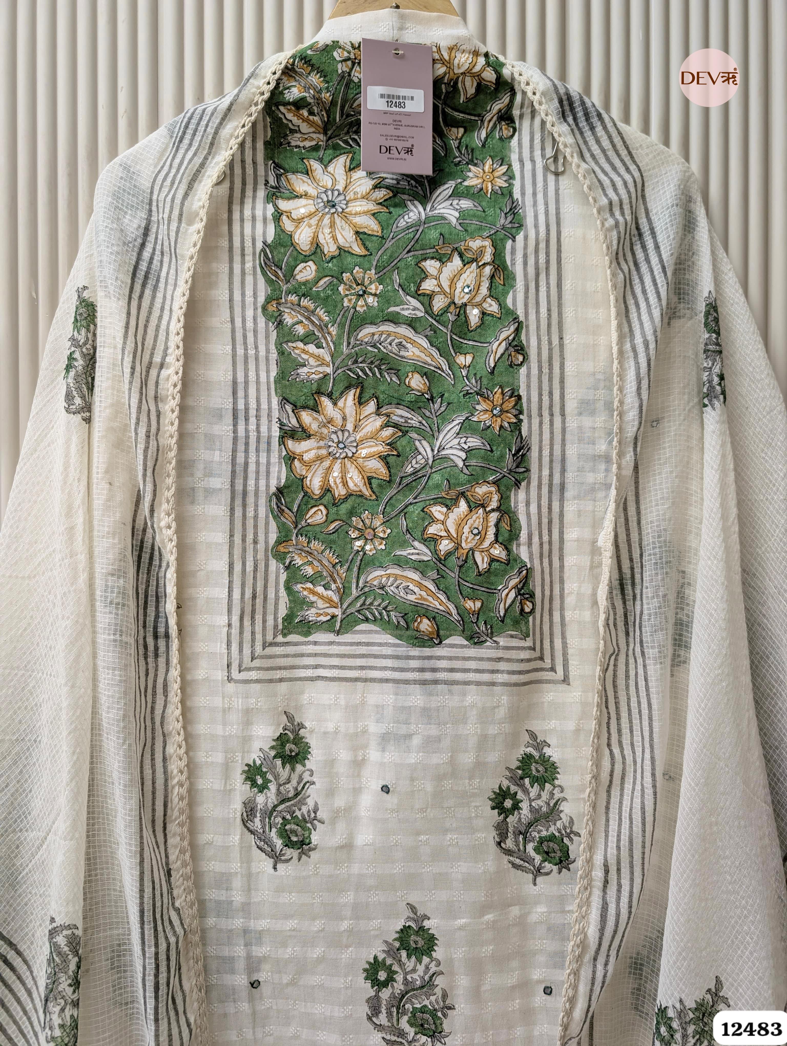 White & Green Pure Cotton Printed Unstitched 3-Piece Suit (Devri – D.No 12483)