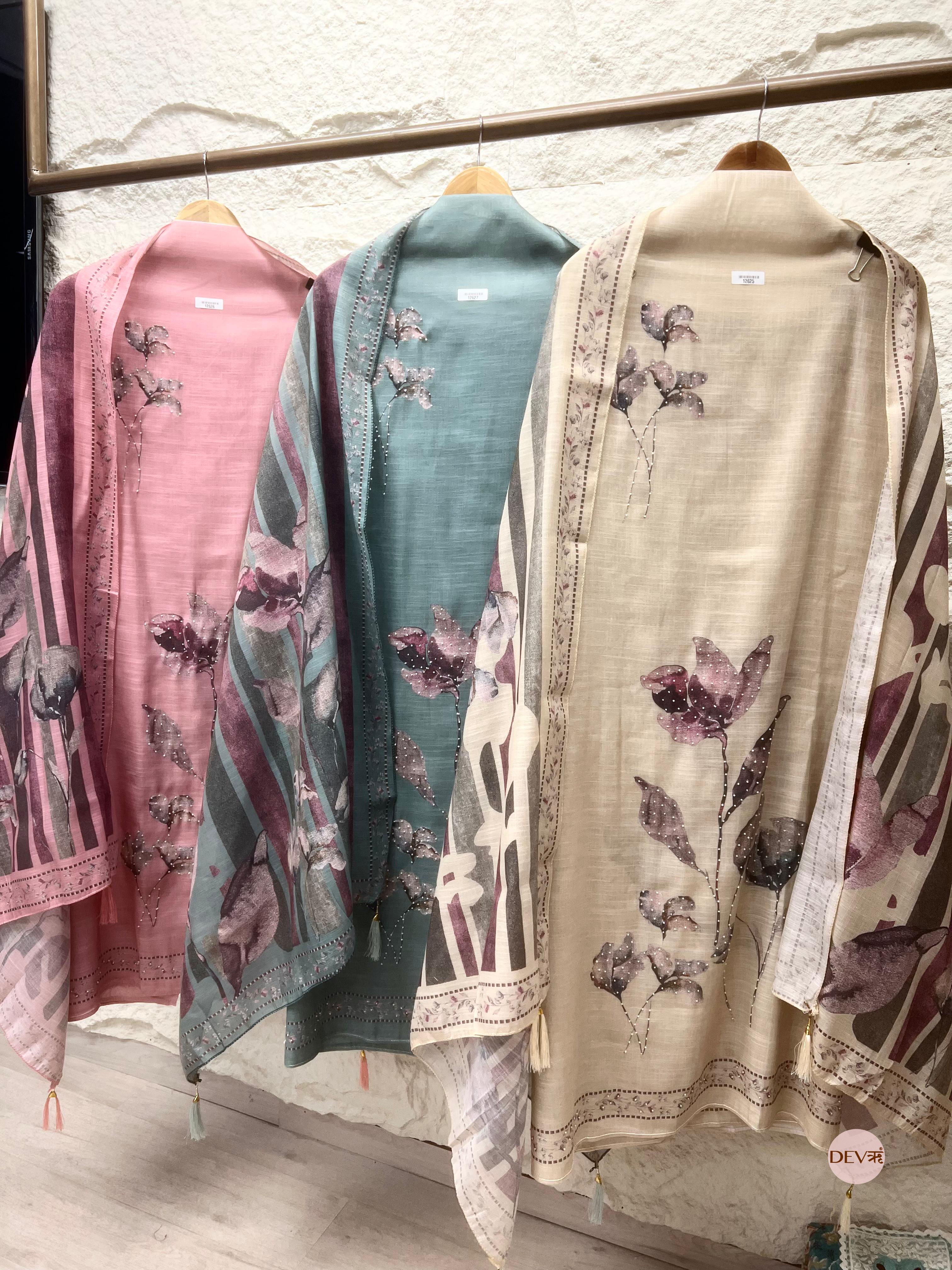 Beige Linen Printed Unstitched 3-Piece Suit (Devri – D.No 12625)