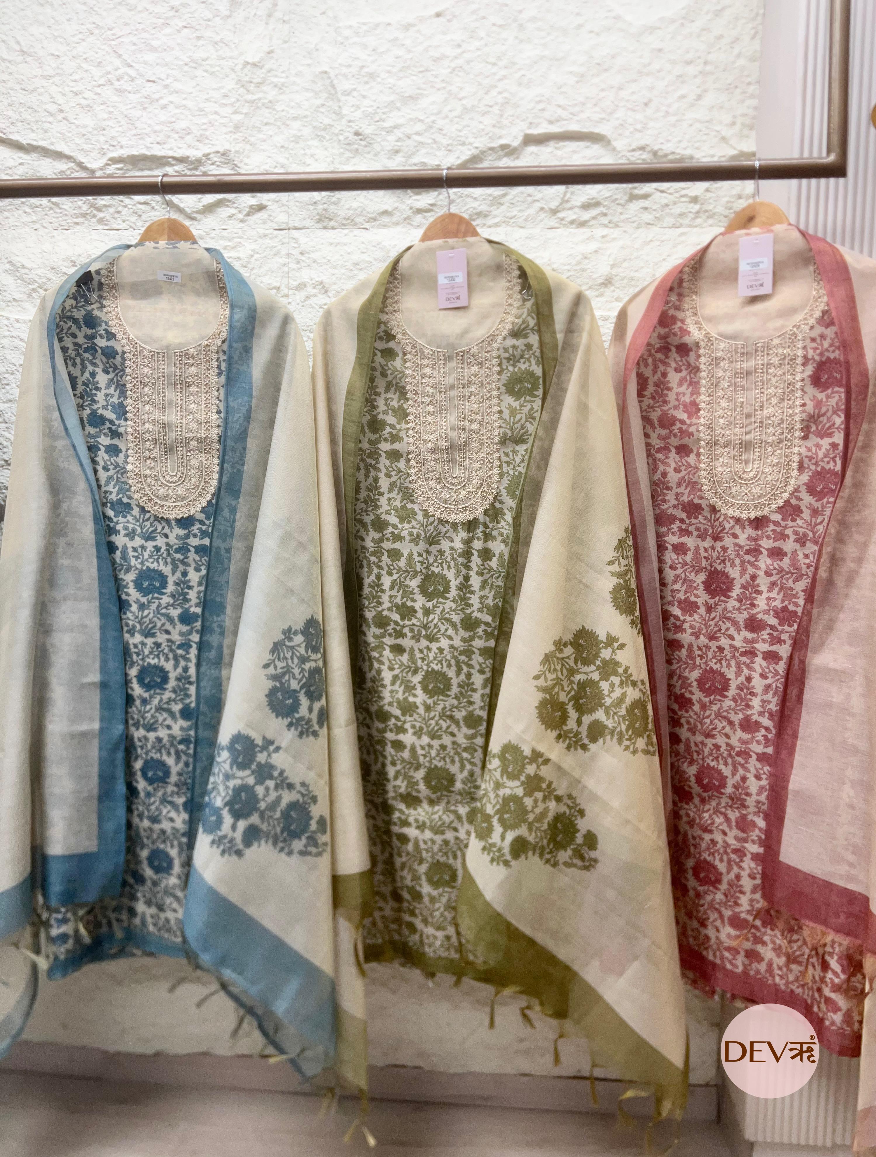 Ivory Blue Pure Linen Tissue Printed Unstitched 3-Piece Suit (Devri – D.No. 12428)