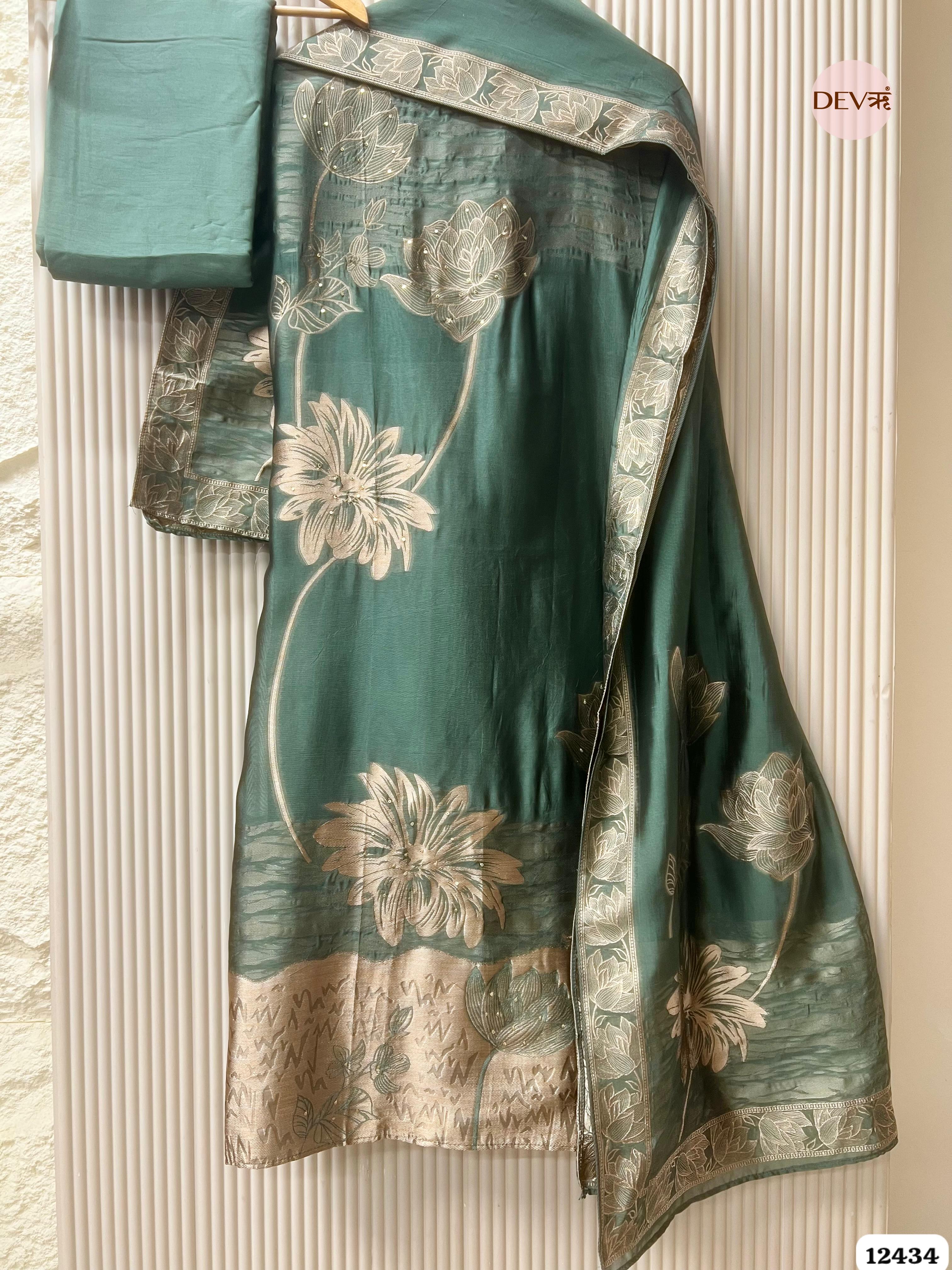 Deep Teal Banarasi Silk Embroidered Unstitched 3-Piece Suit (Devri – D.No. 12434 )