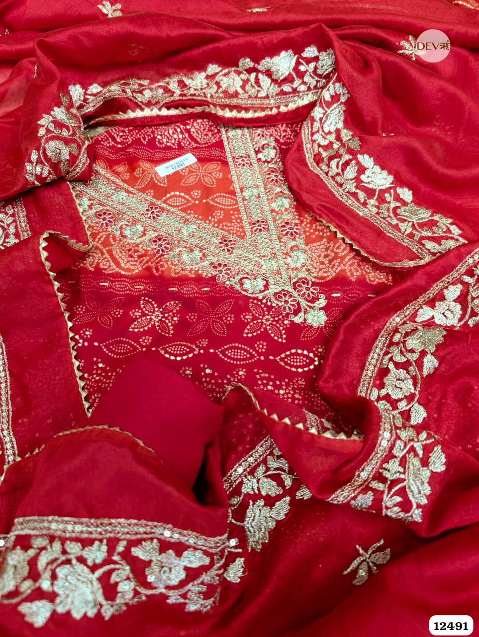 Red Modal Silk Embroidered Unstitched 3-Piece Suit (Devri – D.No 12491)