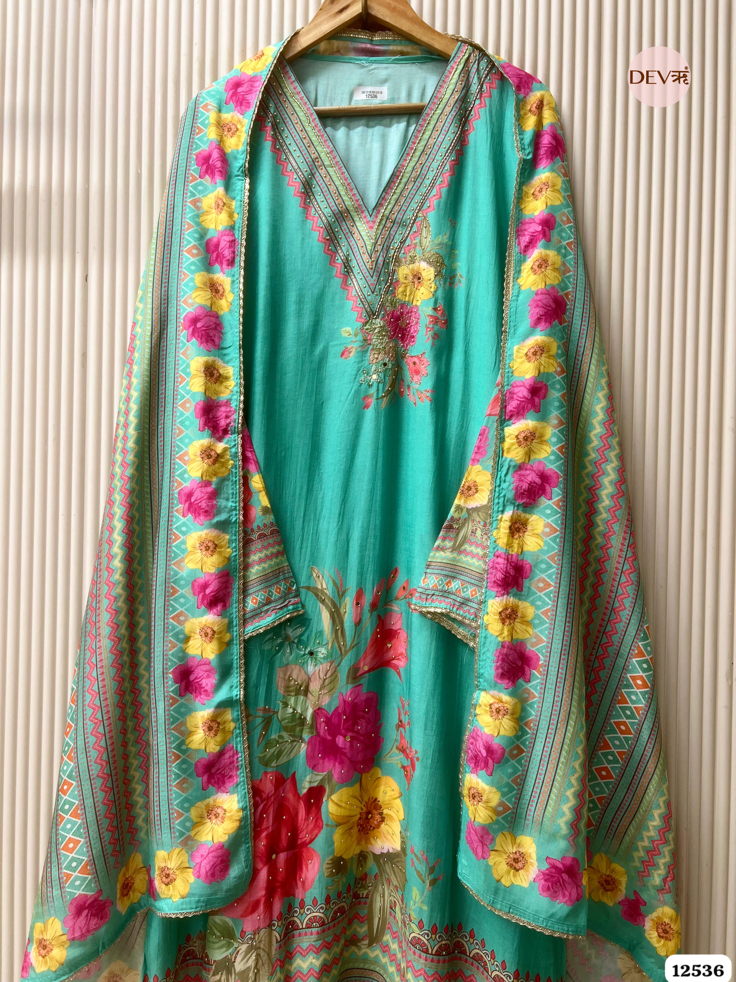 Sea Green Muslin Printed Unstitched 3-Piece Suit (Devri – D.No . 12536)