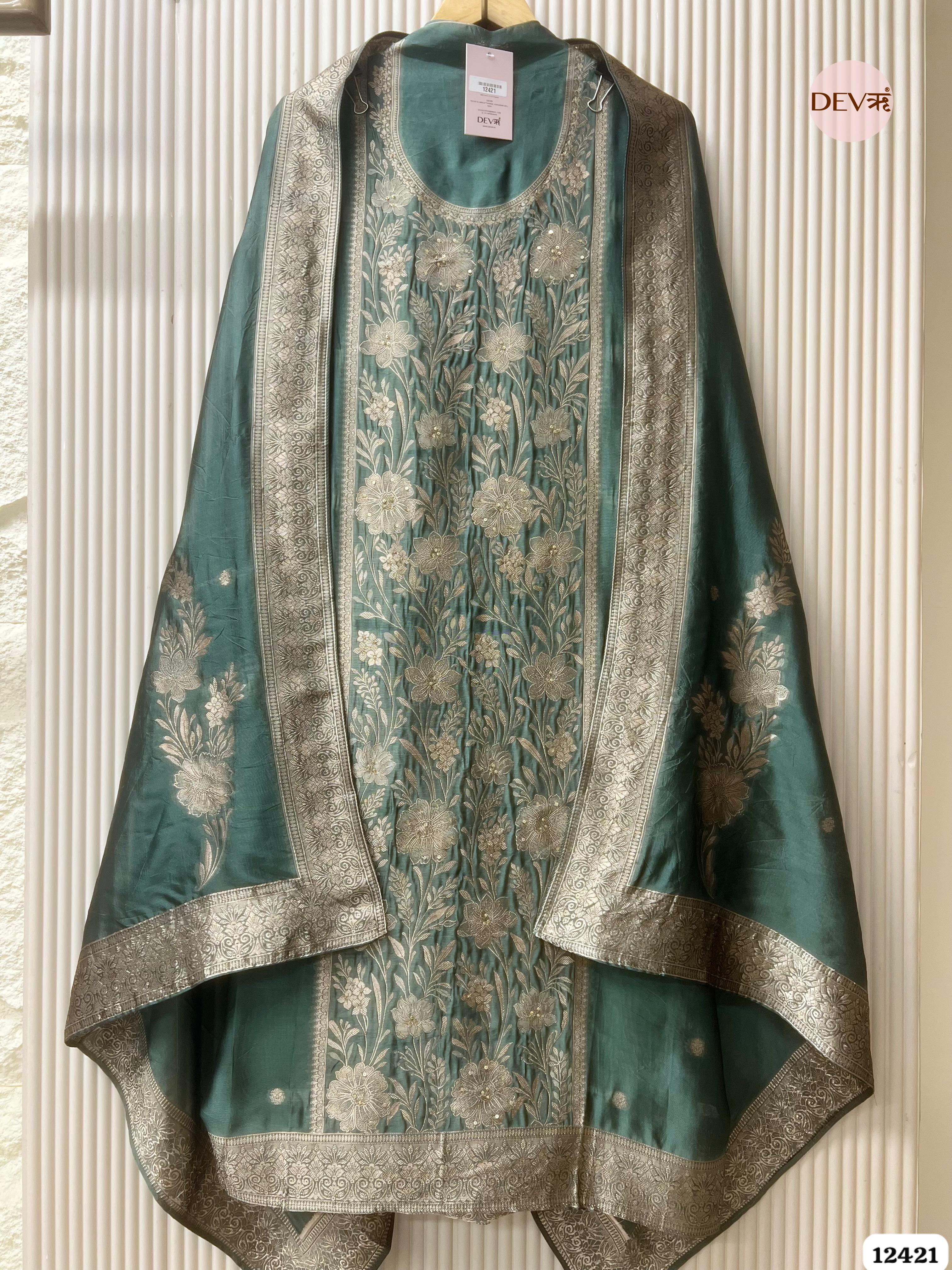 Teal Banarasi Silk Embroidered Unstitched 3-Piece Suit (Devri – D.No. 12421 )