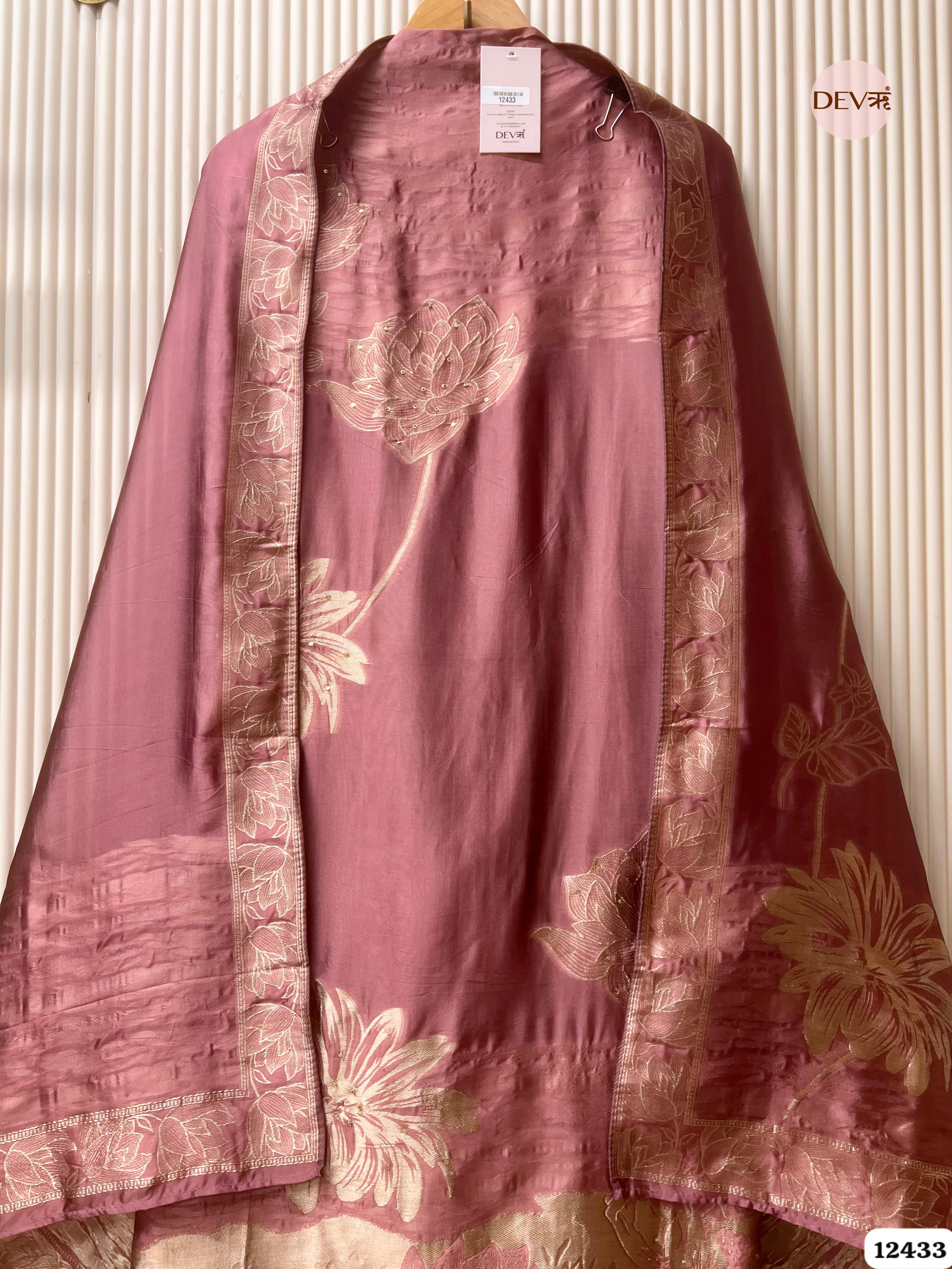 Dusty Rose Banarasi Silk Embroidered Unstitched 3-Piece Suit (Devri – D.No .12433)