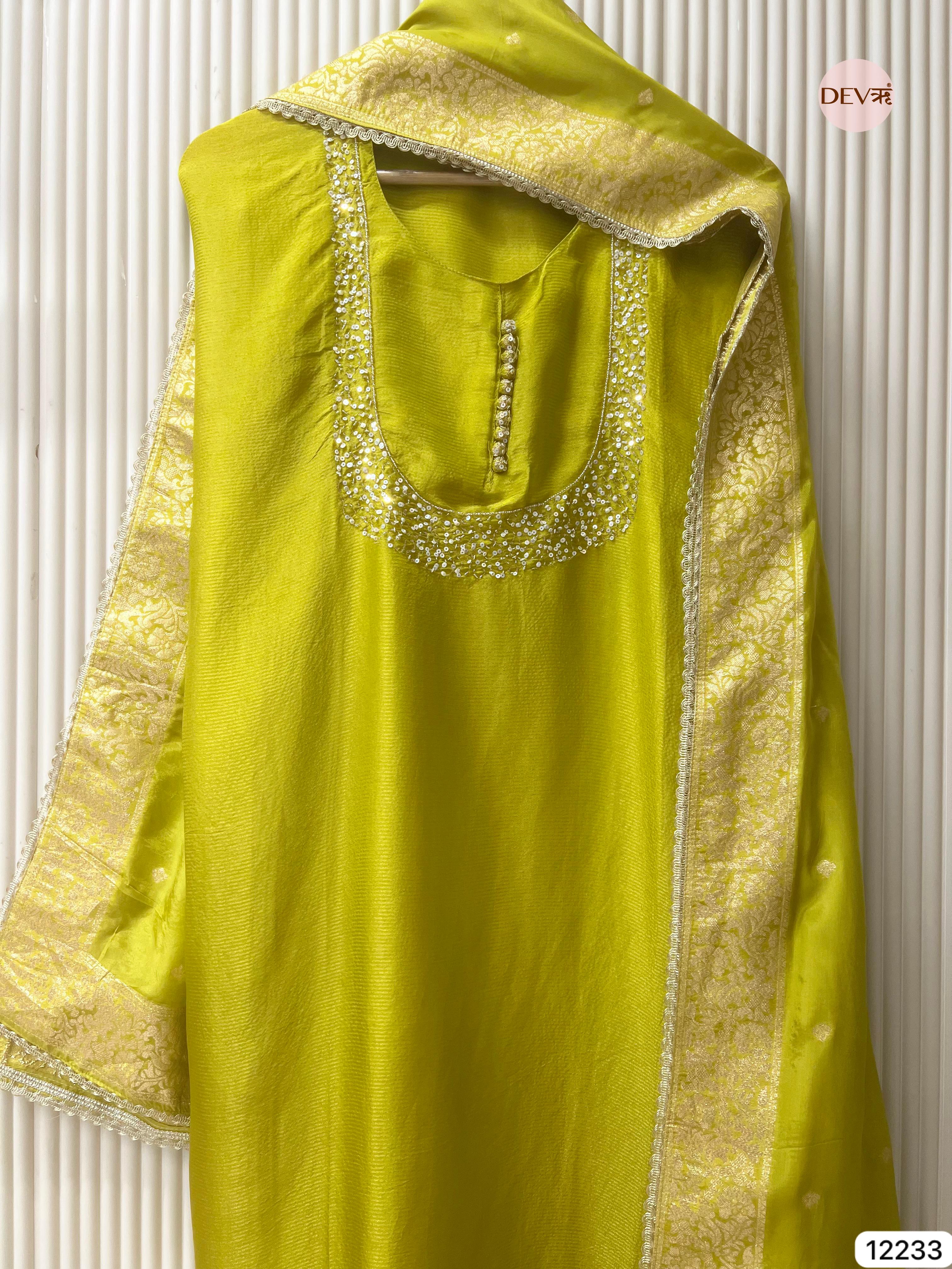 Lime Tissue Shimmer Silk Embroidered Unstitched 3-Piece Suit (Devri – D.No 12233)