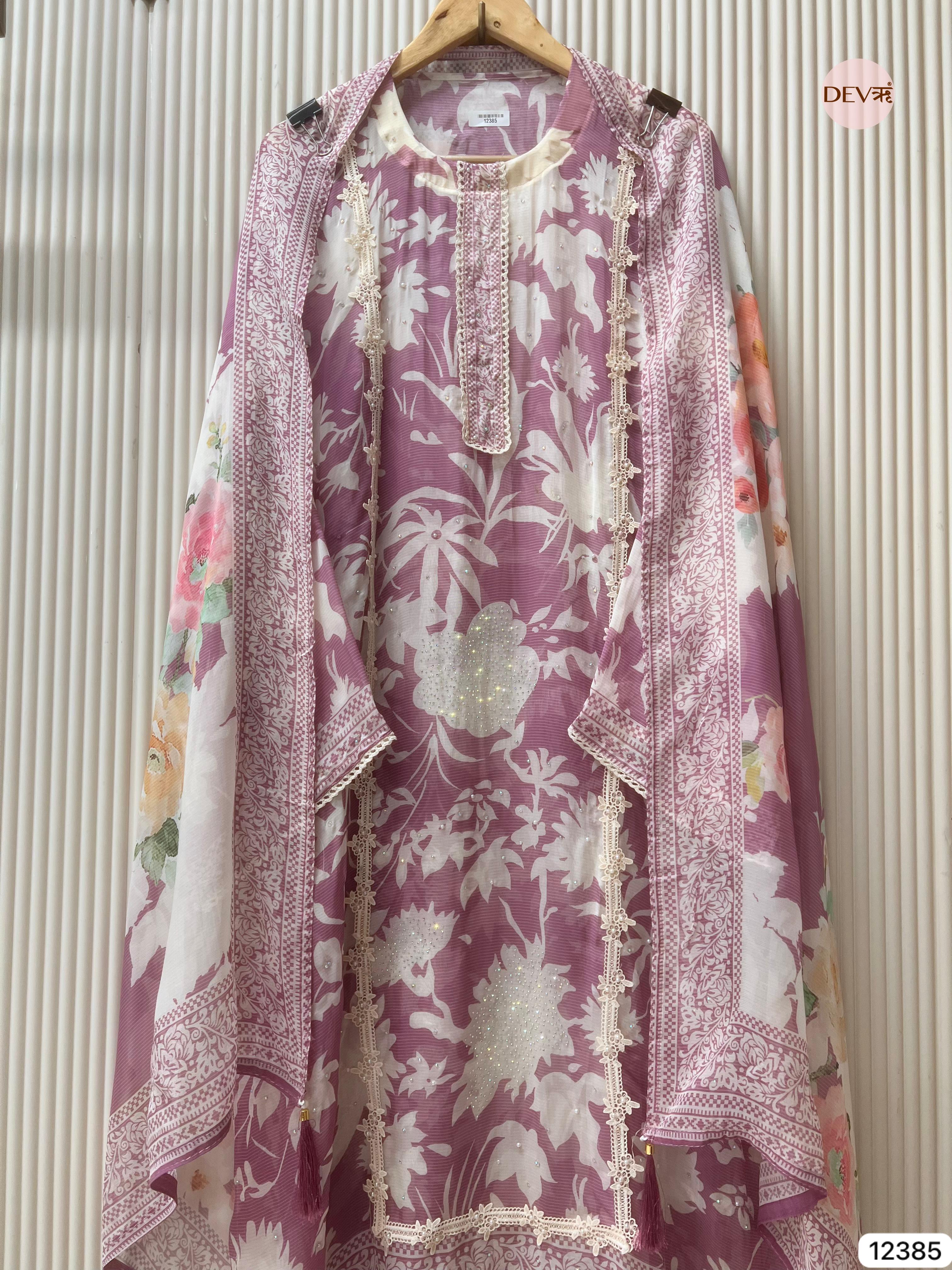 Dusty Mauve Organza Printed Unstitched 3-Piece Suit (Devri – D.No 12385)