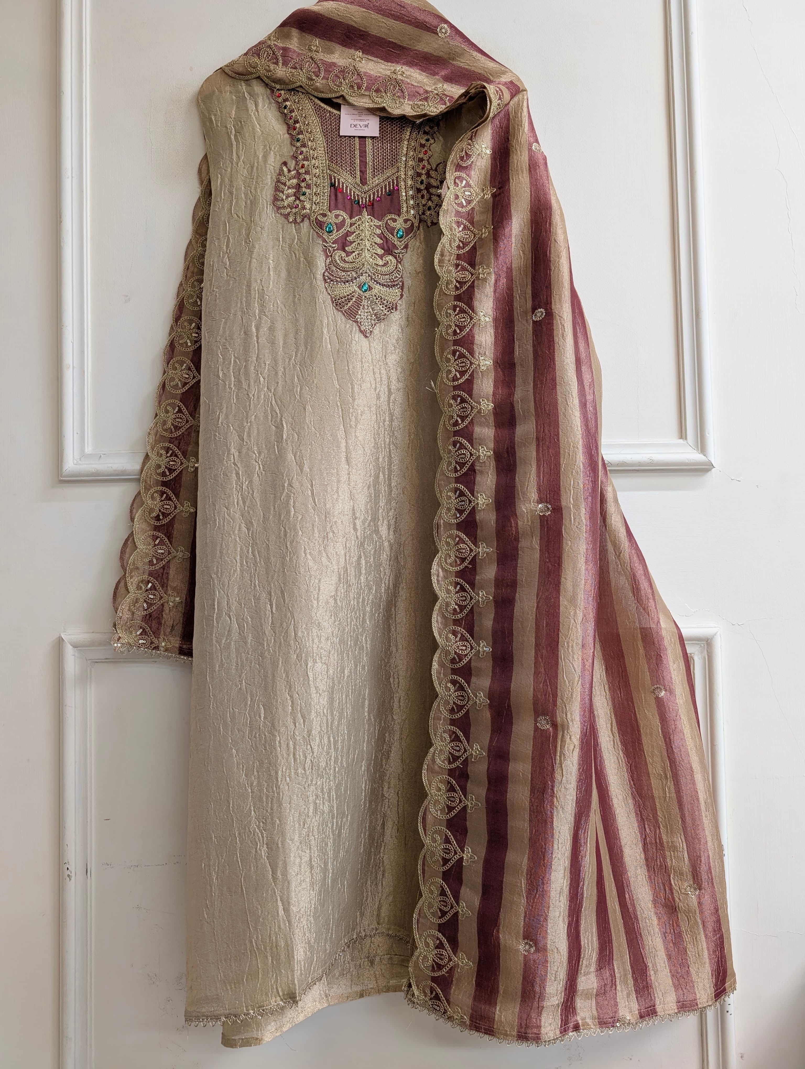 Beige Pure Tissue Silk Embroidered Unstitched 3-Piece Suit (Devri – D.No 13704)