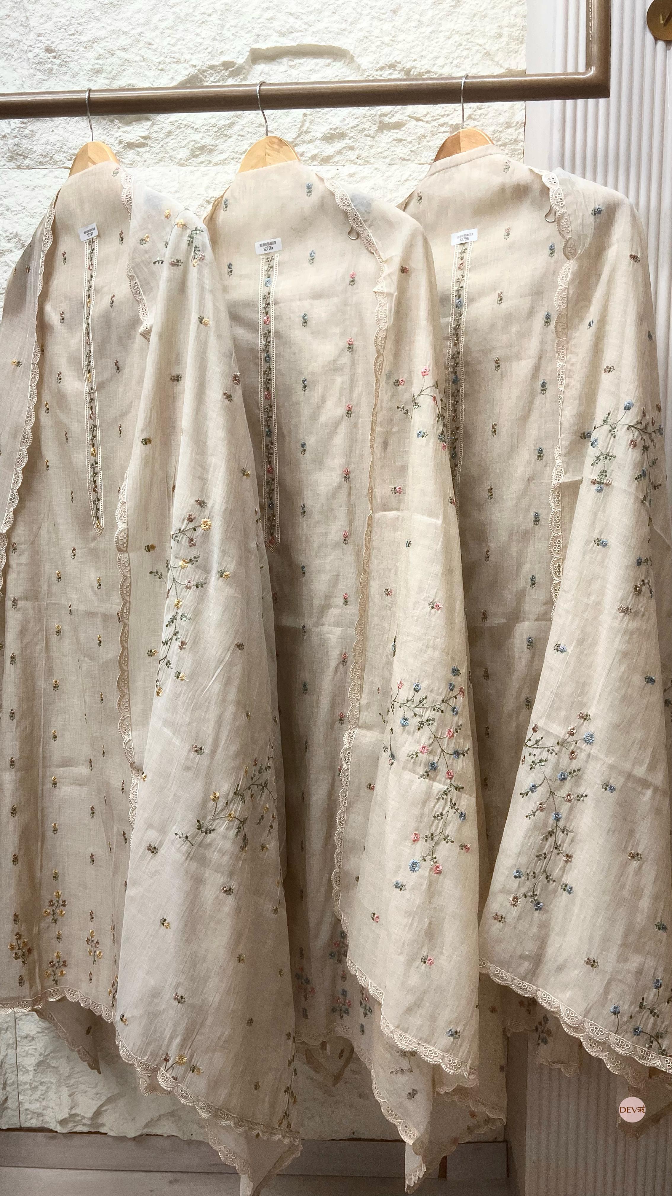 Beige Mul Chanderi Embroidered Unstitched 3-Piece Suit (Devri – D.No 12797)