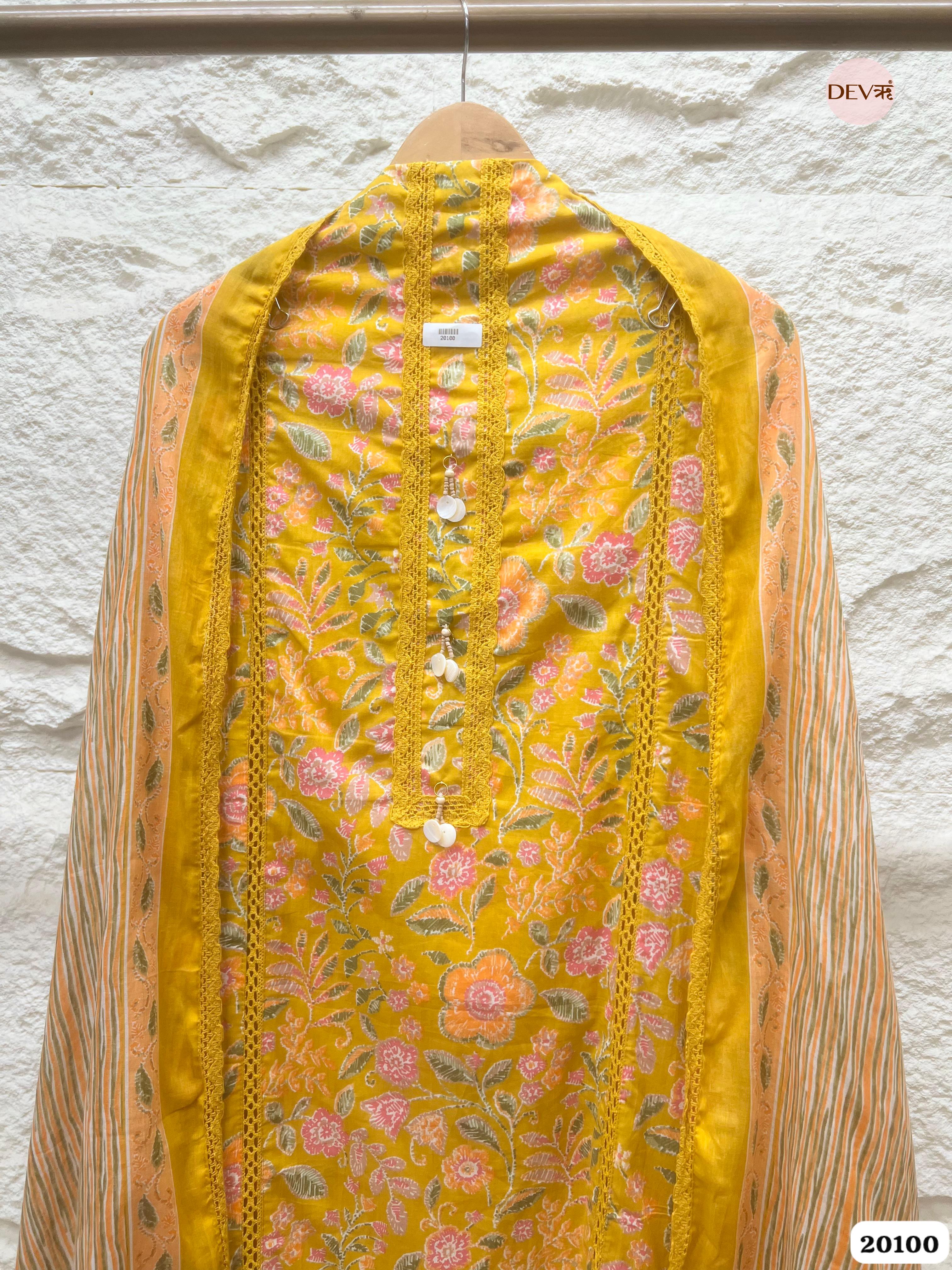 Mustard Yellow Cotton Printed Unstitched 3-Piece Suit (Devri – D.No 20100)