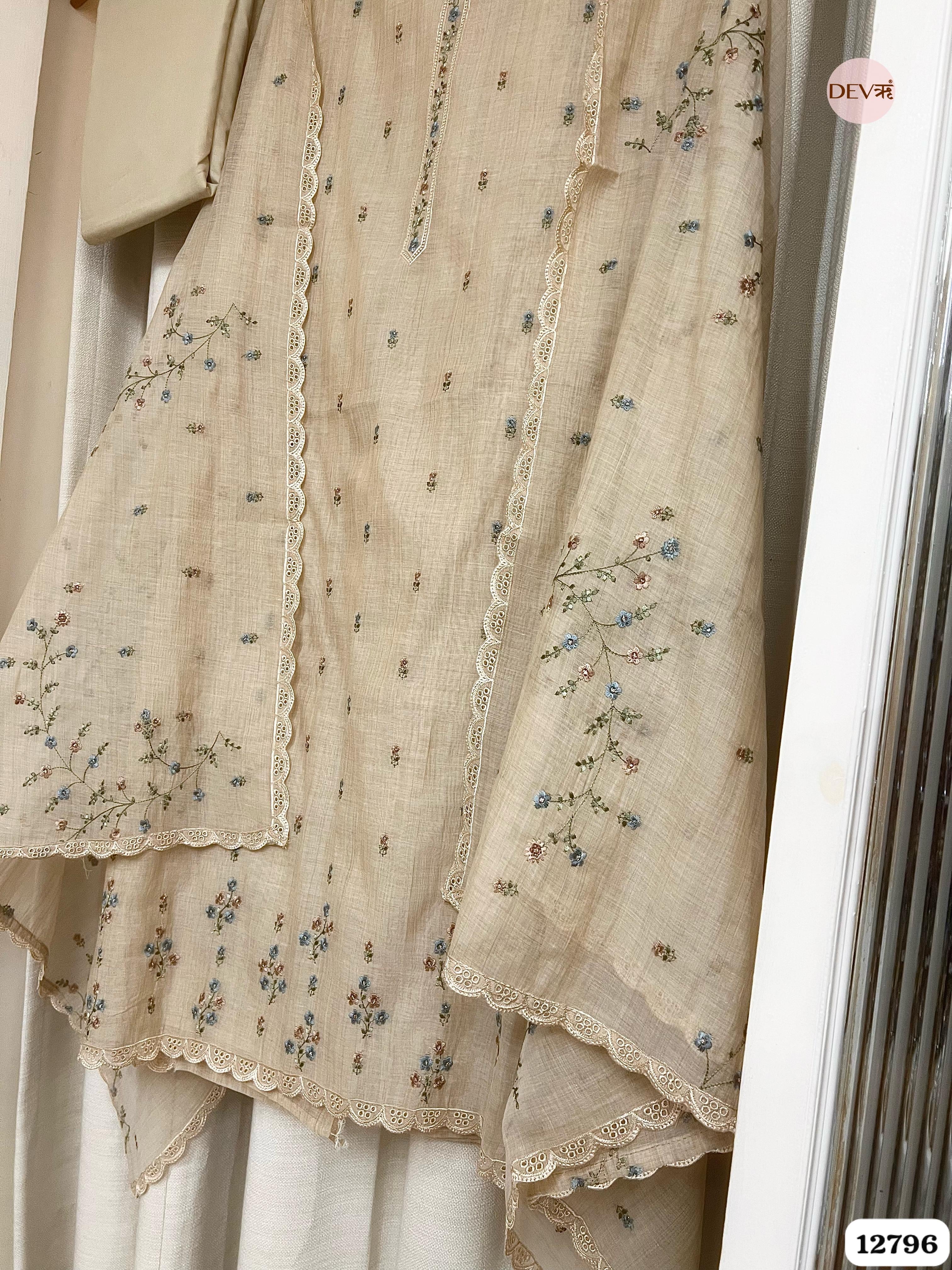 Beige Mul Chanderi Embroidered Unstitched 3-Piece Suit (Devri – D.No 12796)