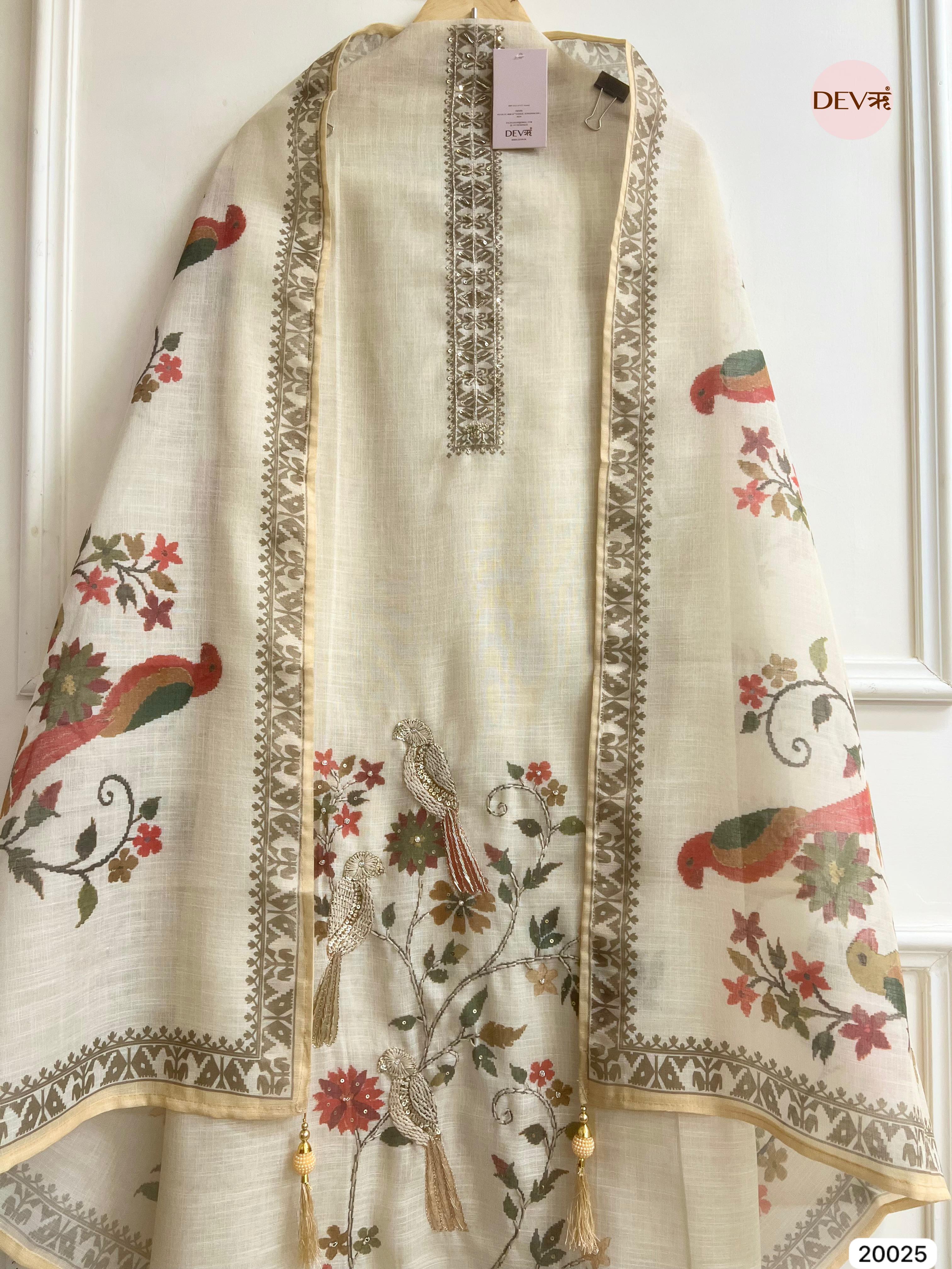 Ivory Linen Cotton Embroidered Unstitched 3-Piece Suit (Devri – D.No 20025