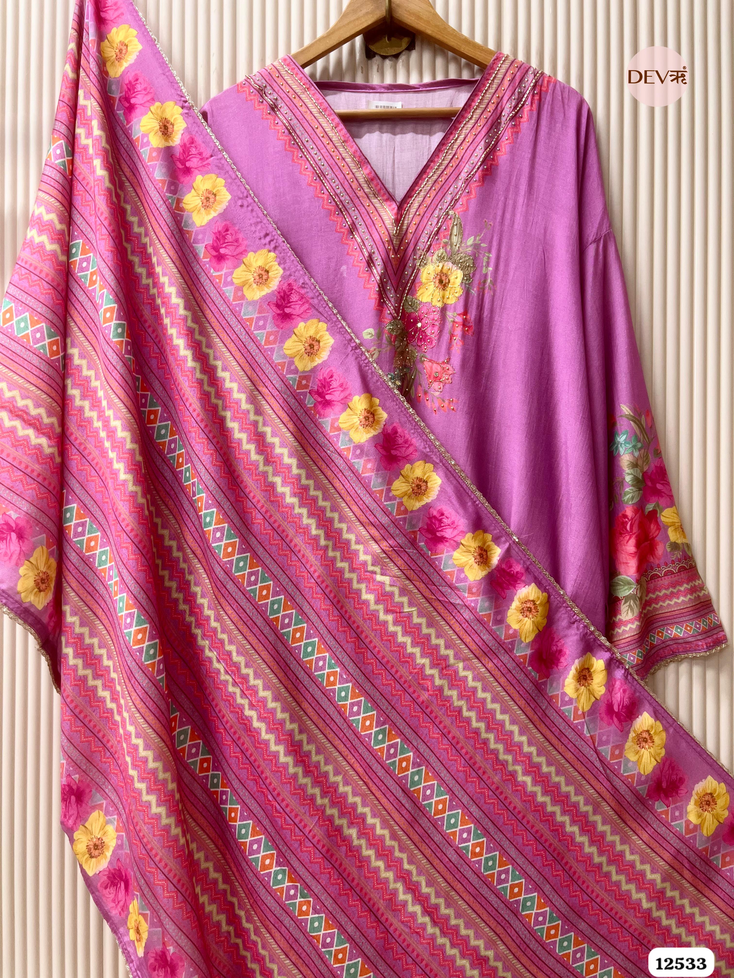 Rose Pink Muslin Printed Unstitched 3-Piece Suit (Devri – D.No. 12533)