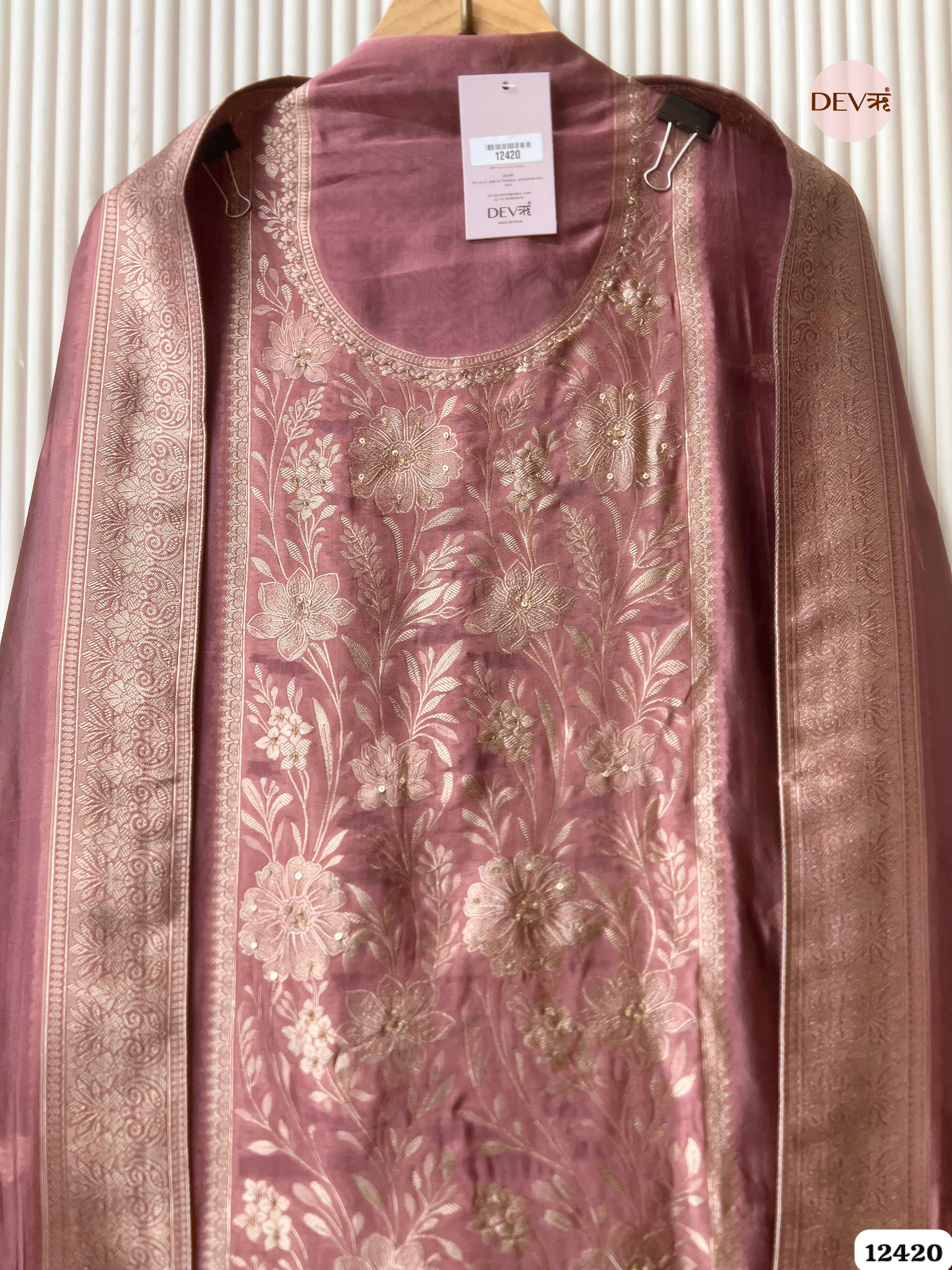 Dusty Rose Banarasi Silk Embroidered Unstitched 3-Piece Suit (Devri – D.No . 12420)