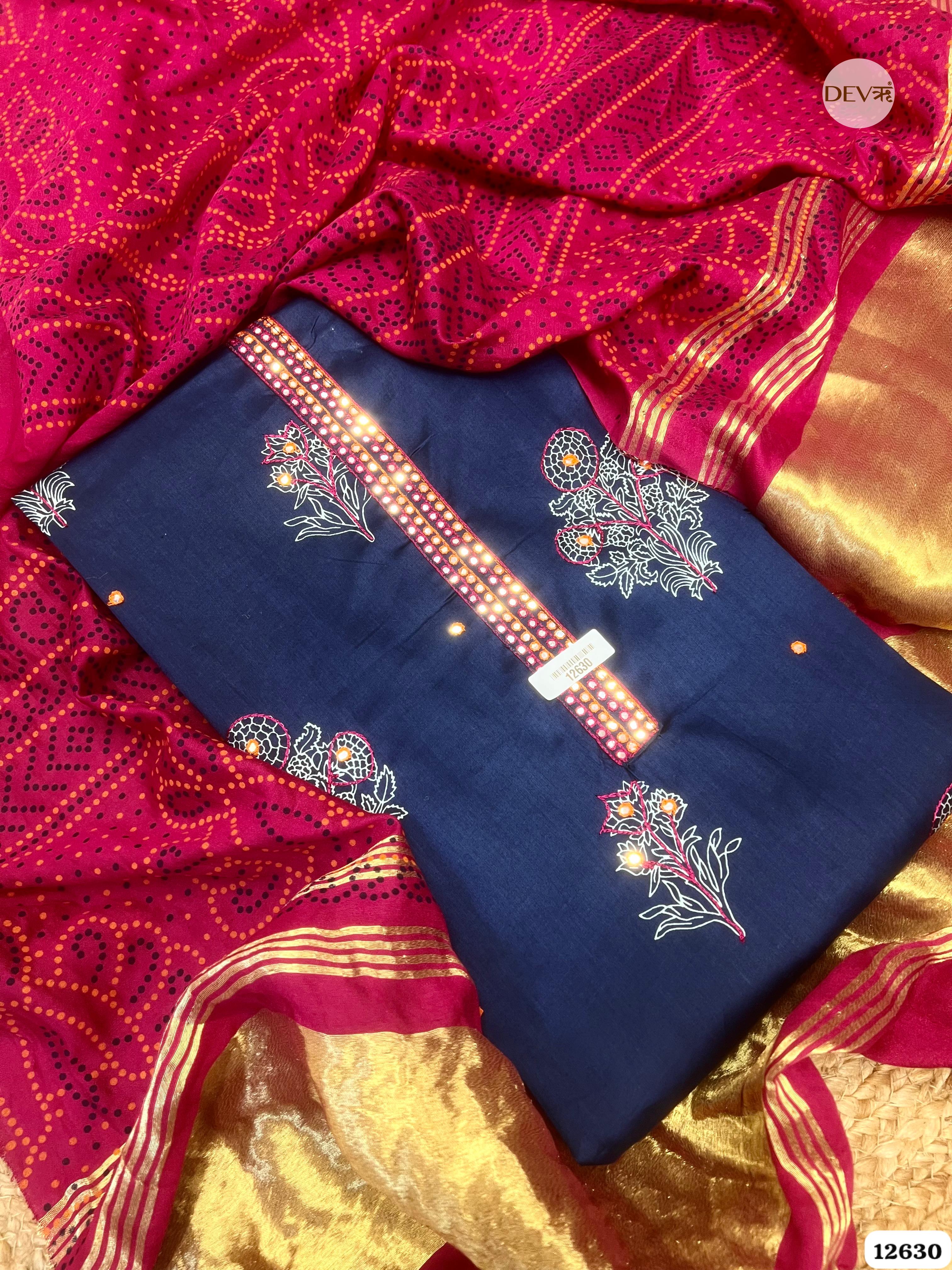 Navy Blue & Magenta Cotton Silk Unstitched 3-Piece Suit (Devri – D.No 12630)