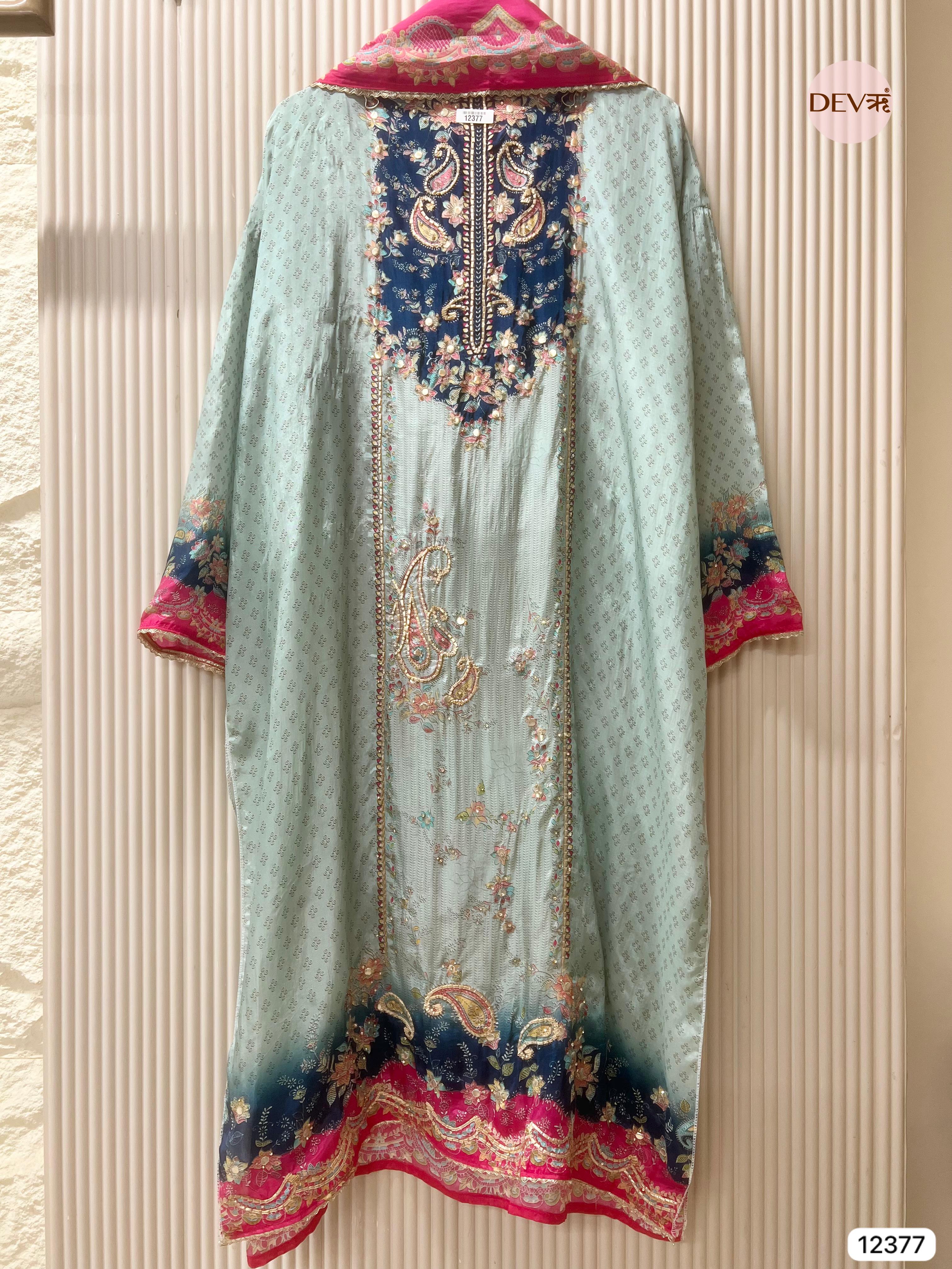 Teal and Navy Muslin Printed Unstitched 3-Piece Suit (Devri – D.No 12377)