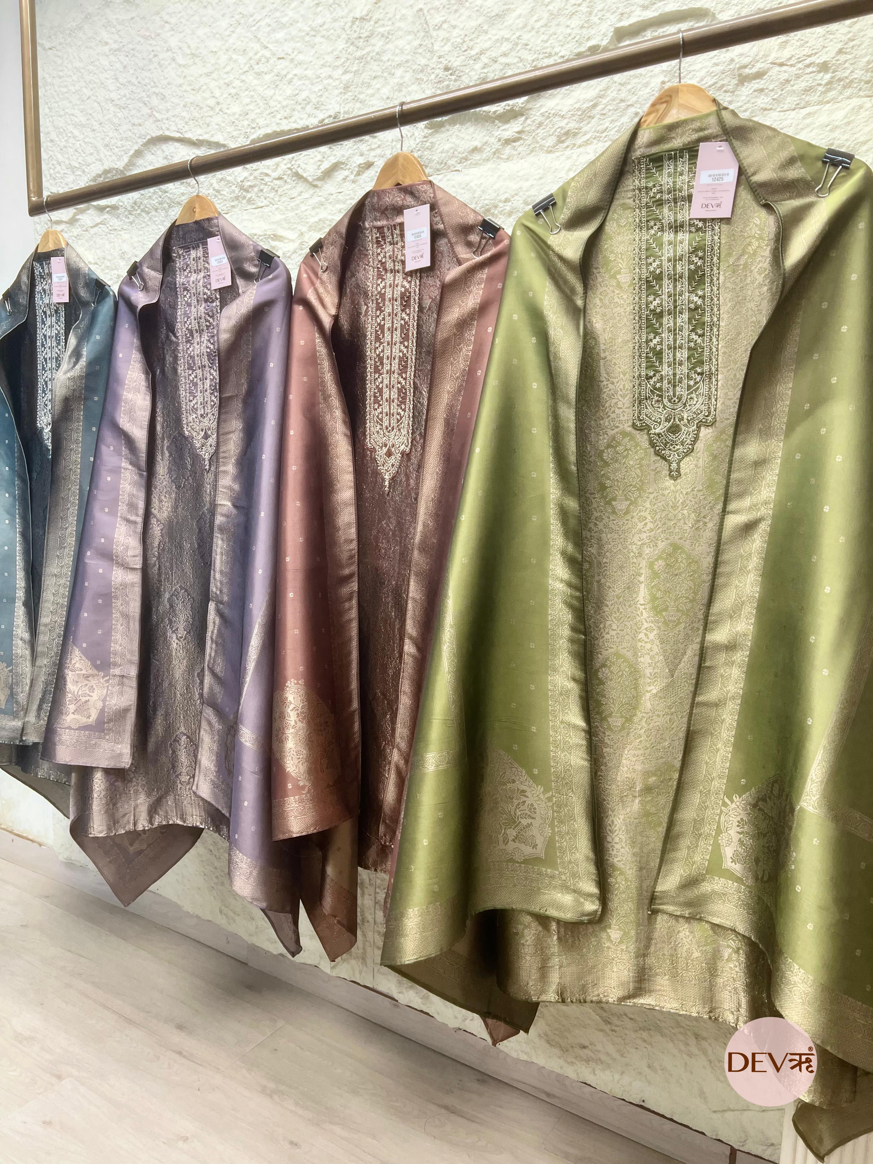 Soft Olive Banarasi Silk Printed Unstitched 3-Piece Suit (Devri – D.No. 12425)