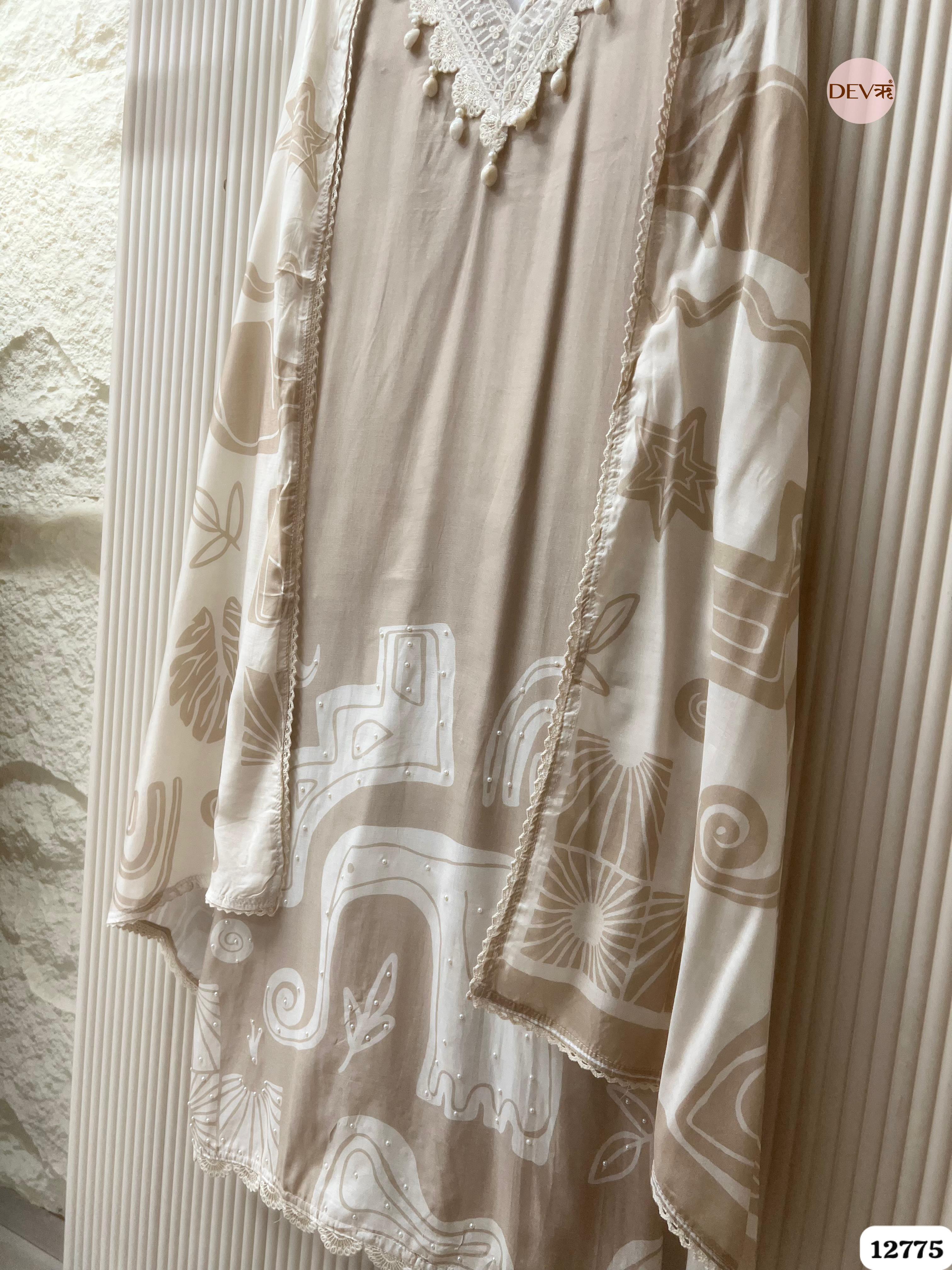 Beige Muslin Printed Unstitched 3-Piece Suit (Devri – D.No 12775)