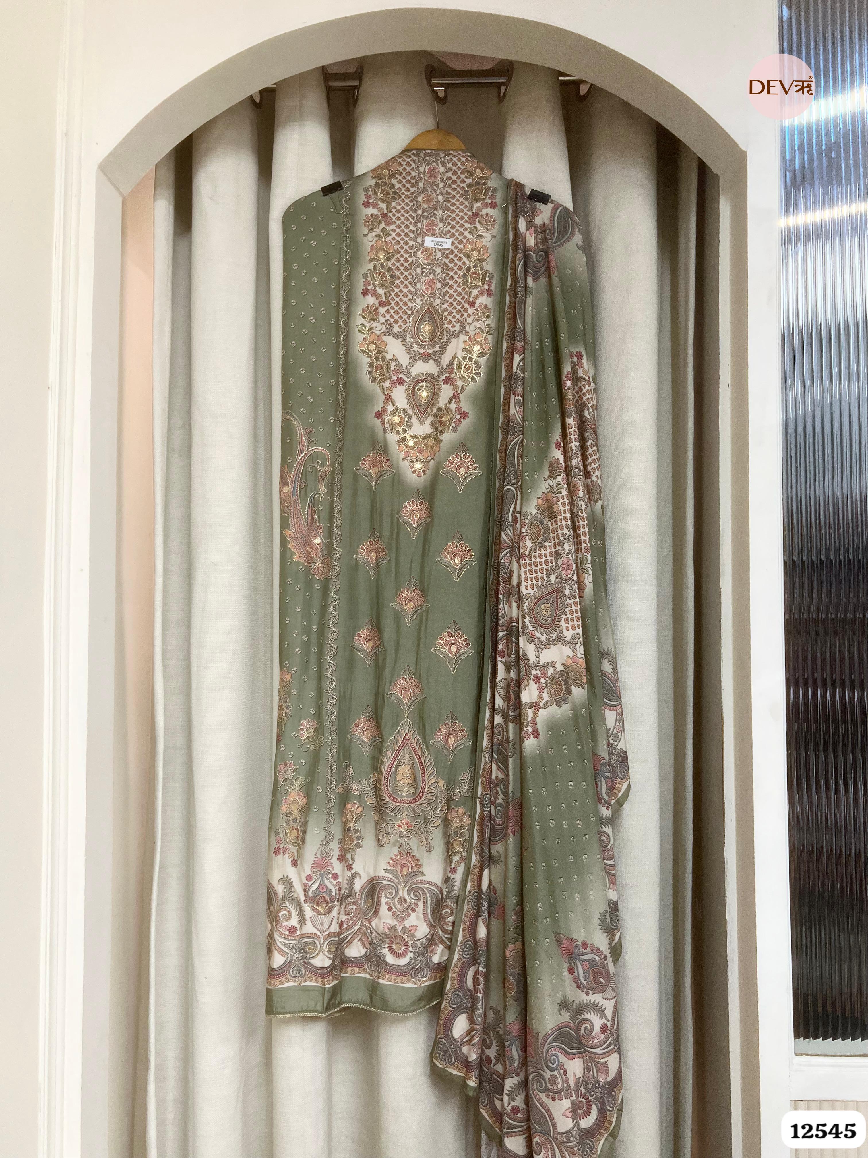 Olive Green Muslin Embroidered Unstitched 3-Piece Suit (Devri – D.No 12545)