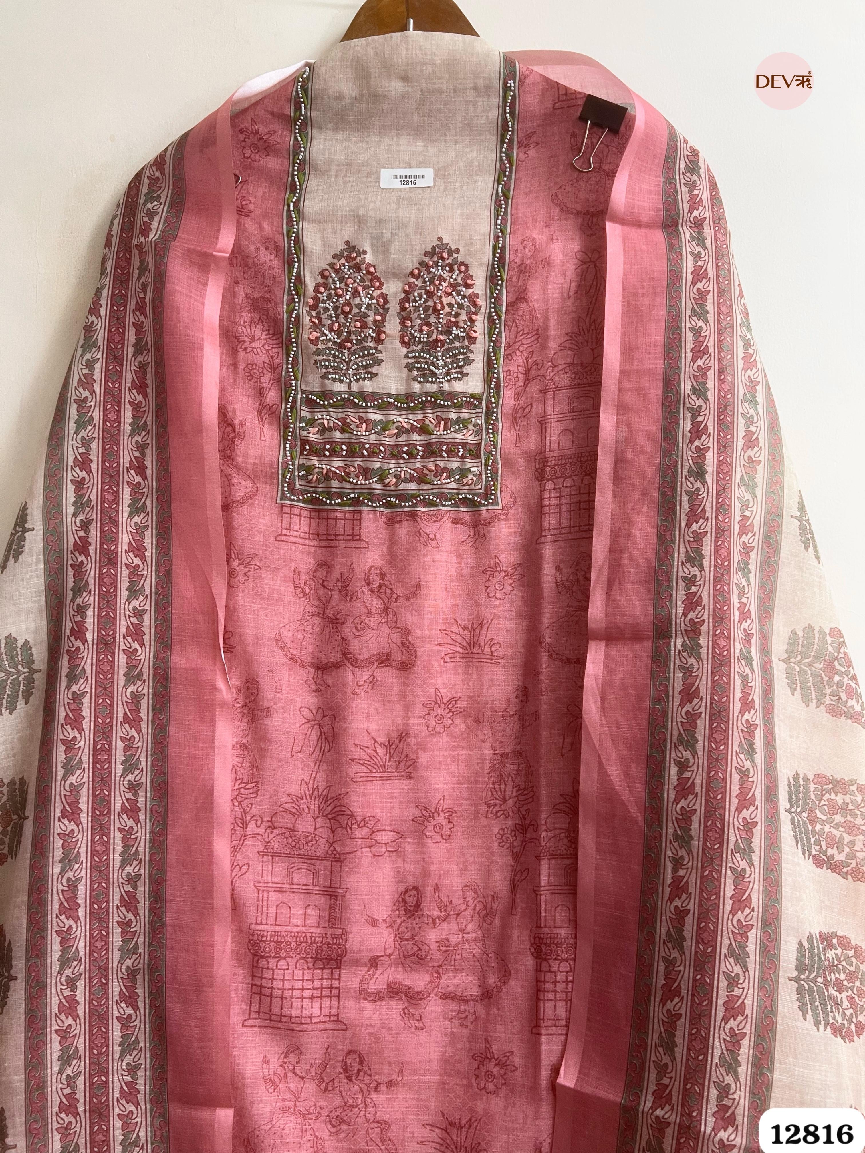 Pink Linen Cotton Printed Unstitched 3-Piece Suit (Devri – D.No 12816)