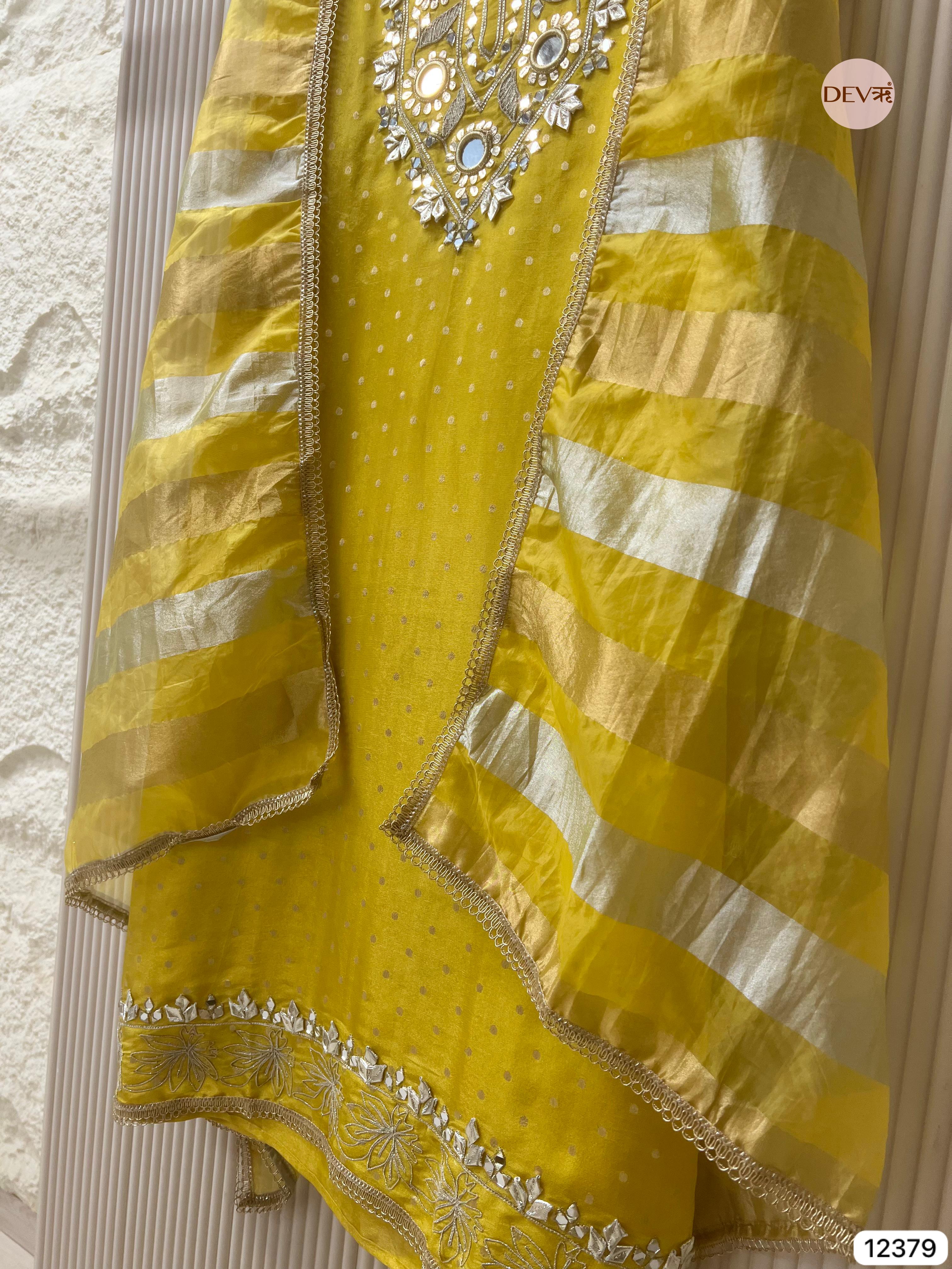 Sun Yellow Tissue Silk Embroidered Unstitched 3-Piece Suit (Devri – D.No 12379)