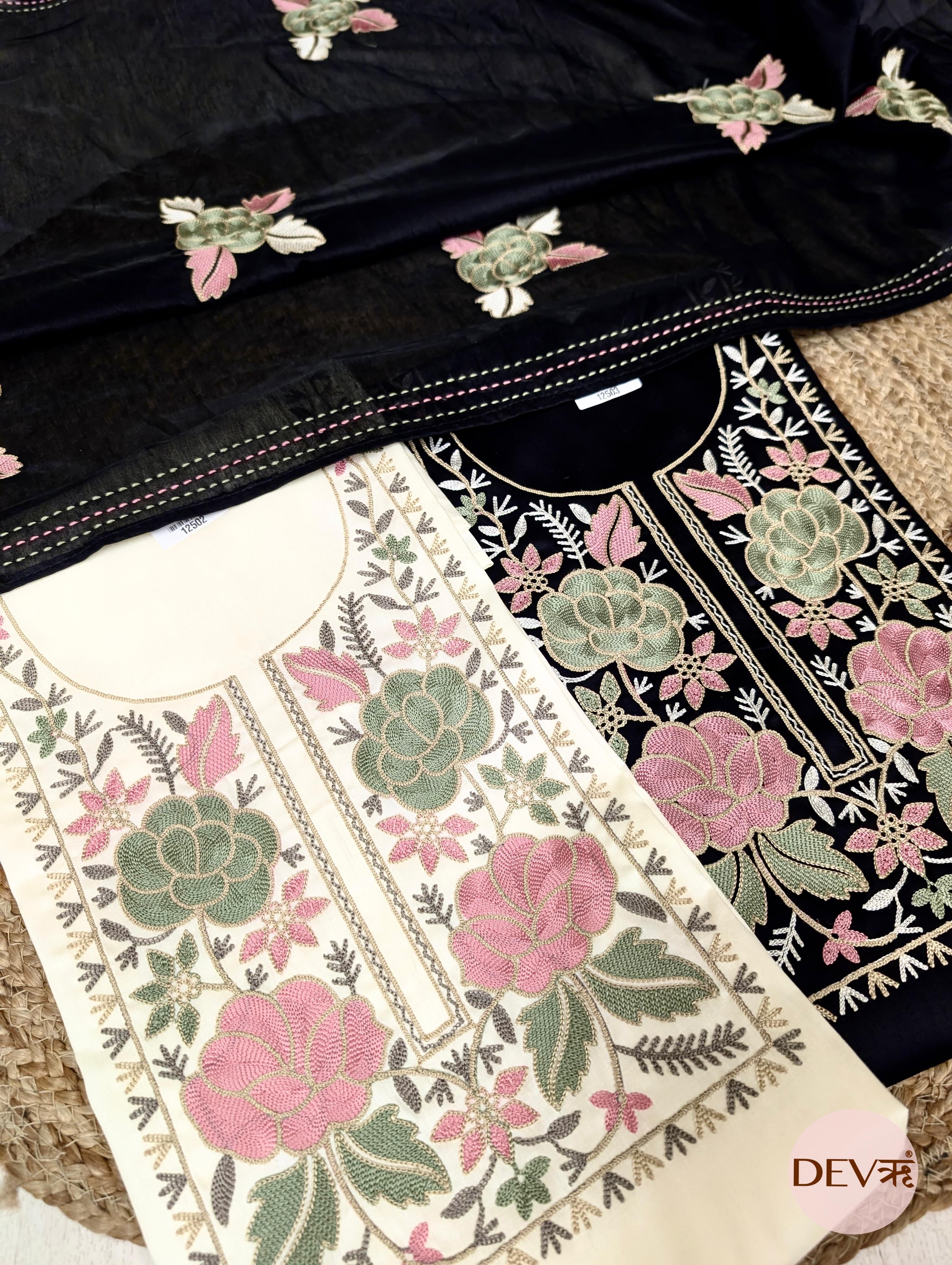 Black Cotton Embroidered Unstitched 3-Piece Suit (Devri – D.No. 12503)