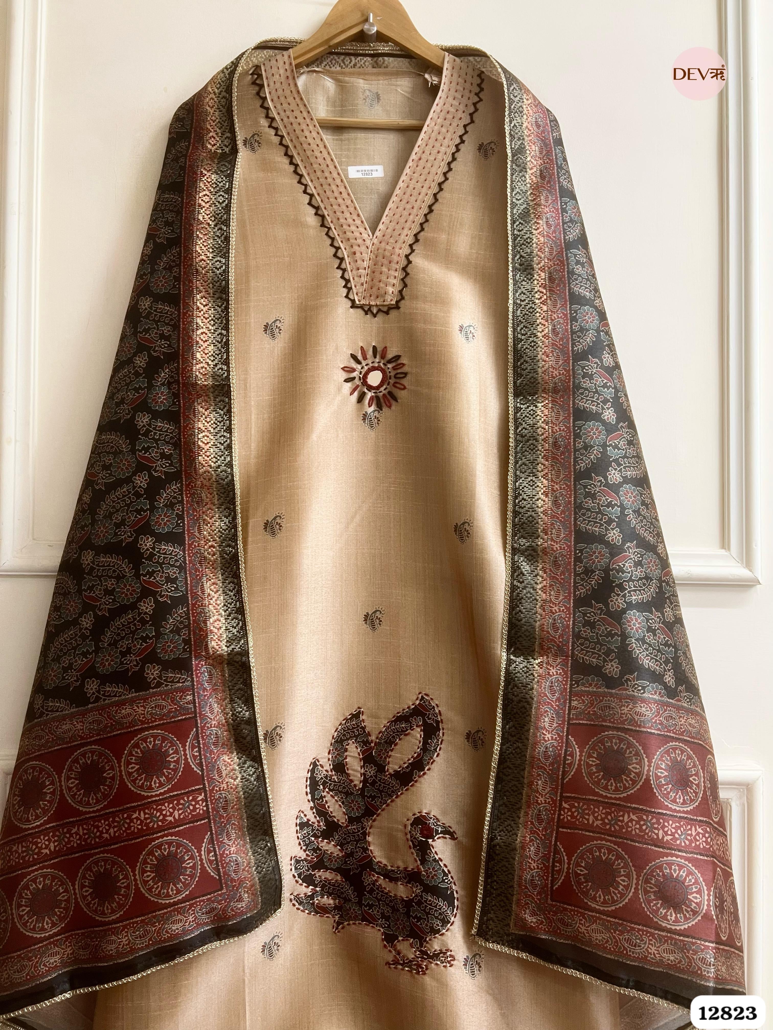 Beige Chanderi Silk Printed Unstitched 3-Piece Suit (Devri – D.No 12823)