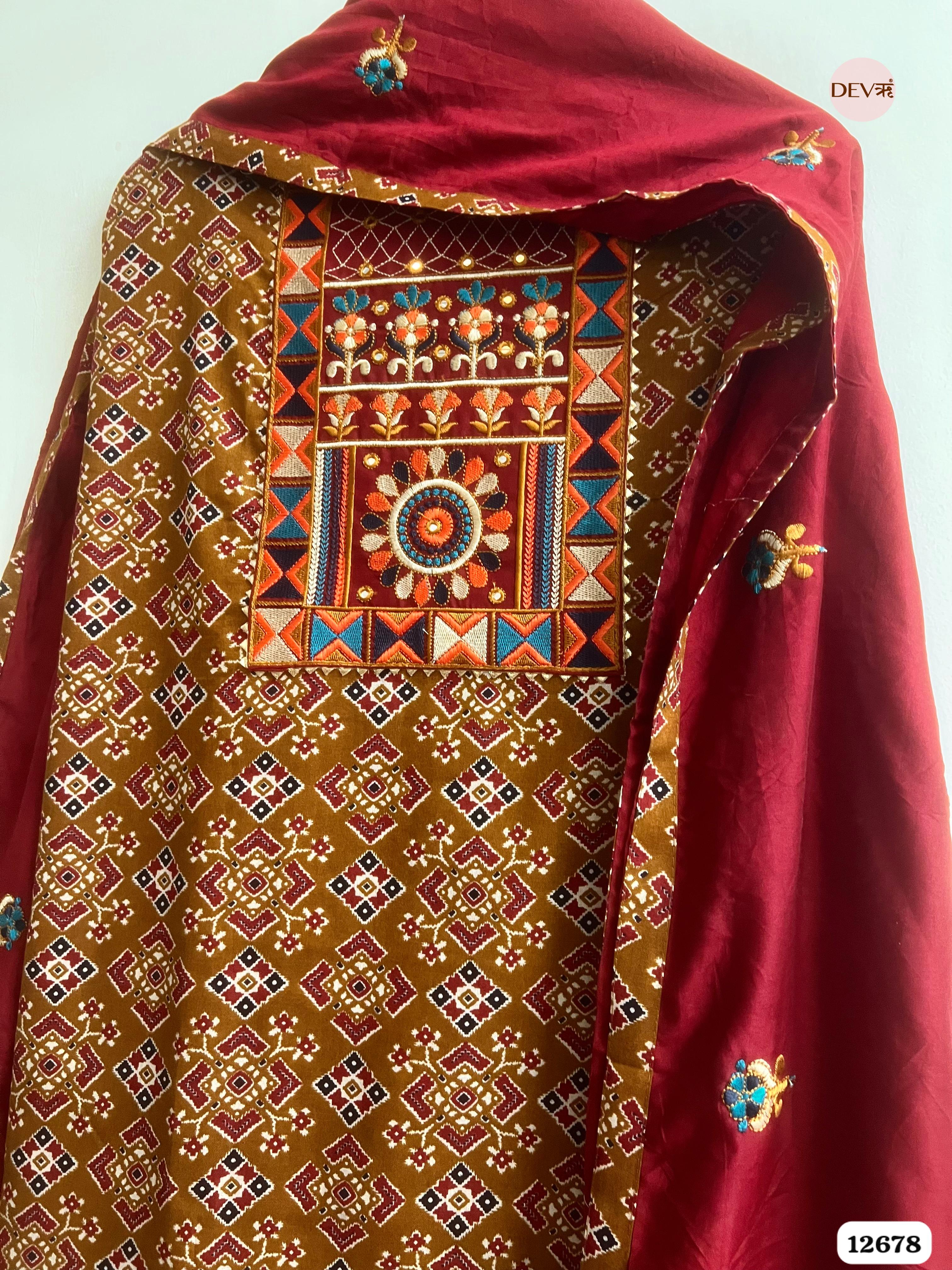 Mustard and Maroon Modal Silk Printed Unstitched 3-Piece Suit (Devri – D.No 12678)