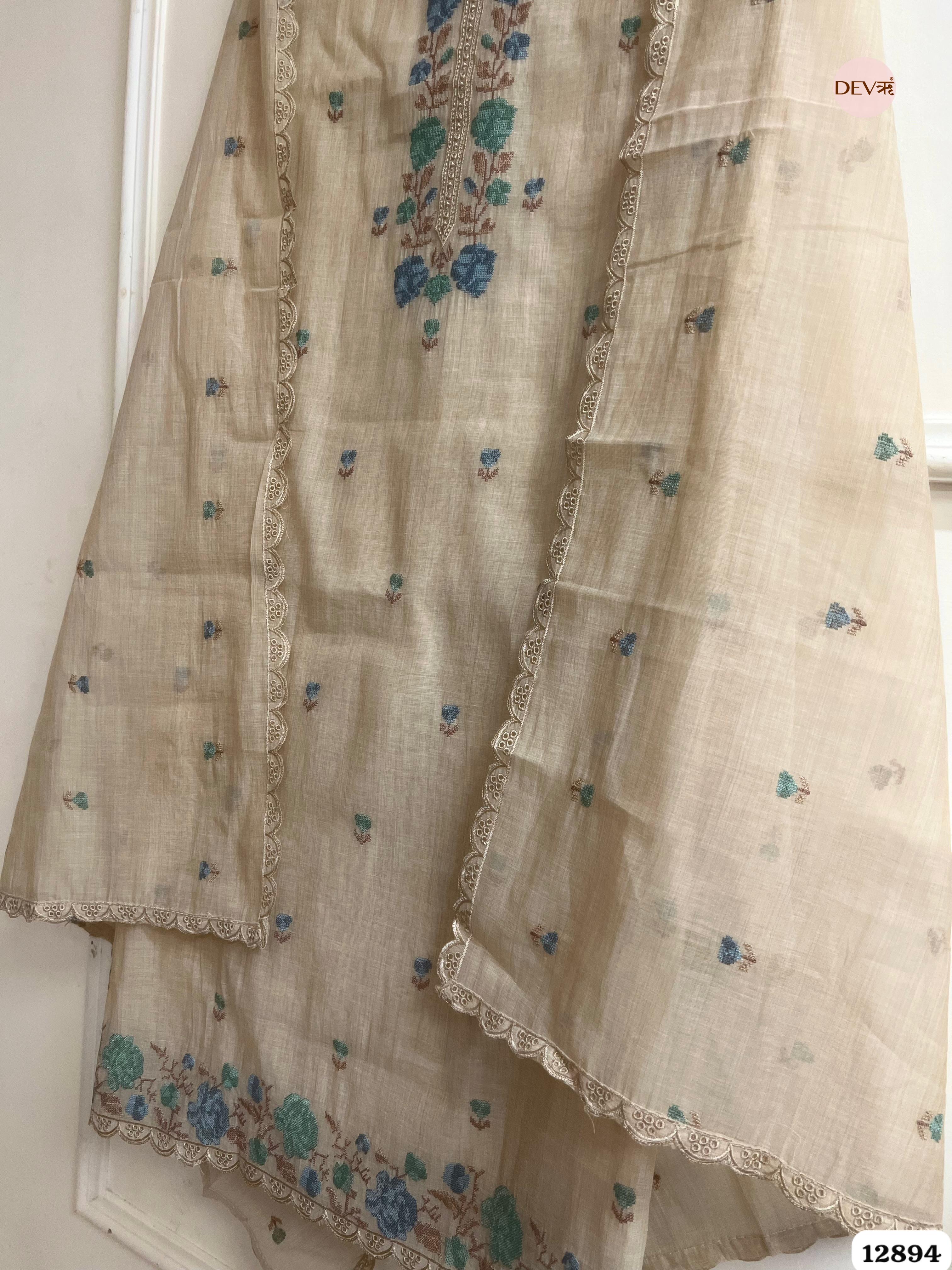 Beige Mul Chanderi Embroidered Unstitched 3-Piece Suit (Devri – D.No 12894)