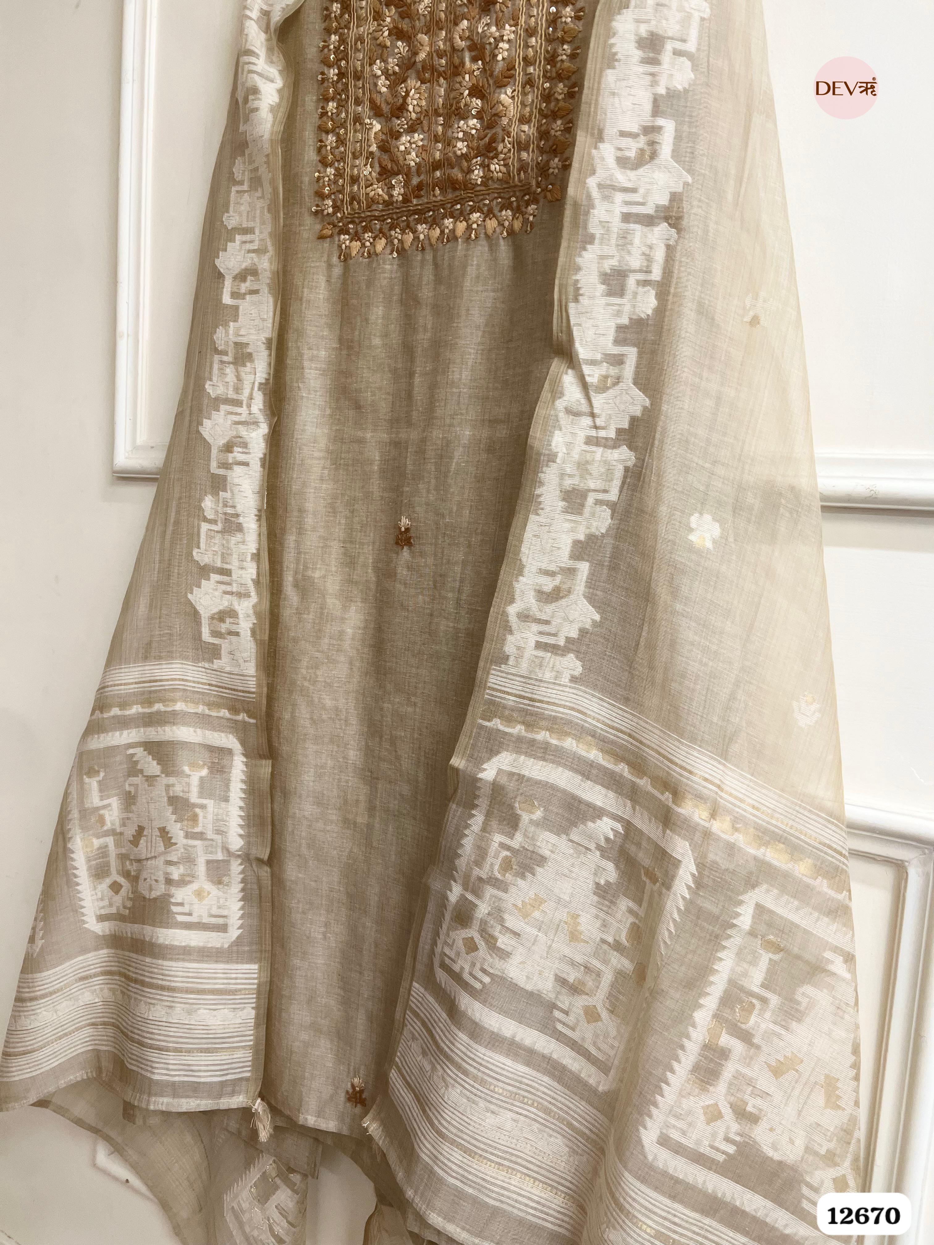 Beige Mul Chanderi Embroidered Unstitched 3-Piece Suit (Devri – D.No 12670)