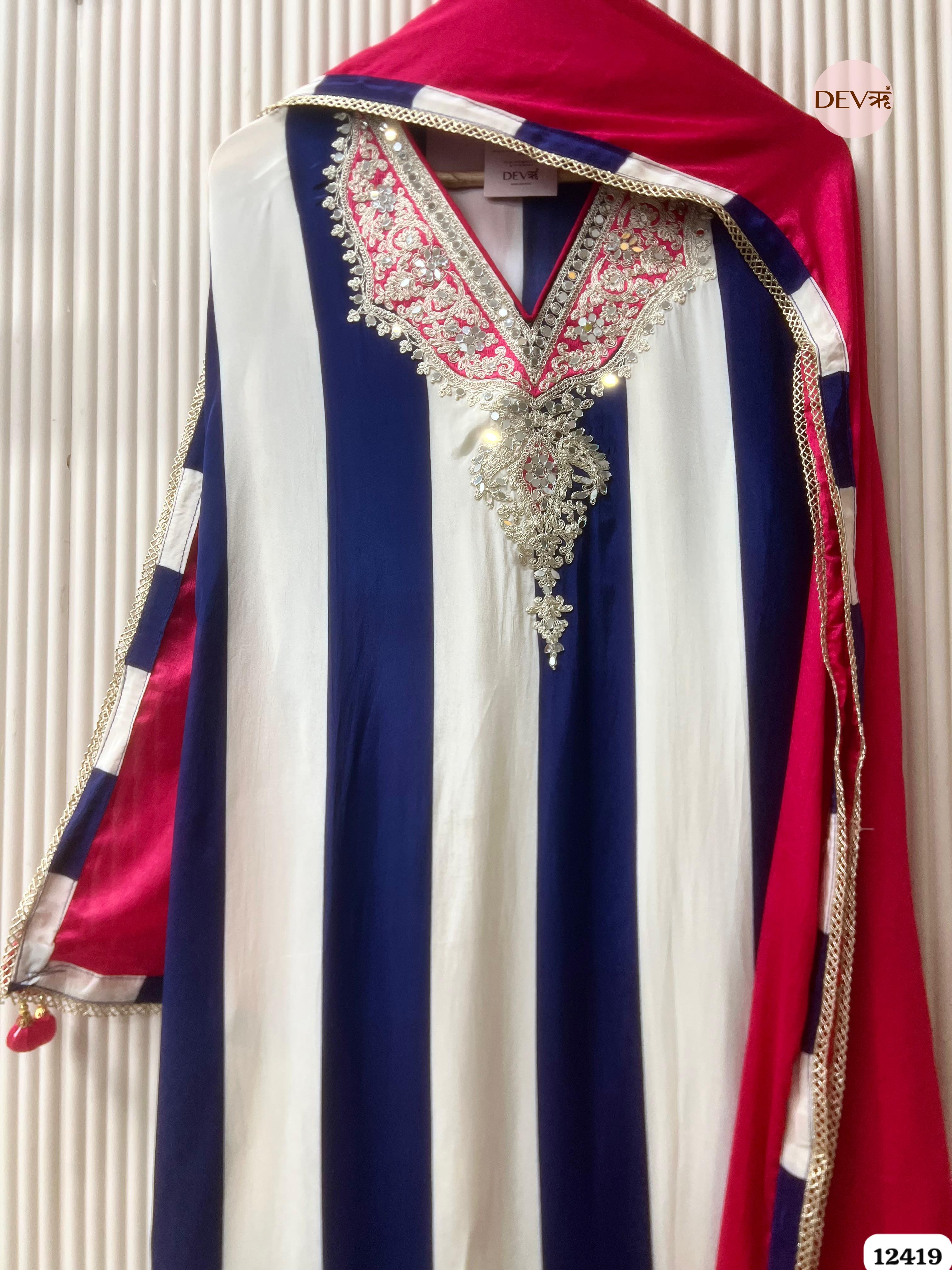 Ivory & Navy Natural Crepe Embroidered Unstitched 3-Piece Suit (Devri – D.No. 12419)