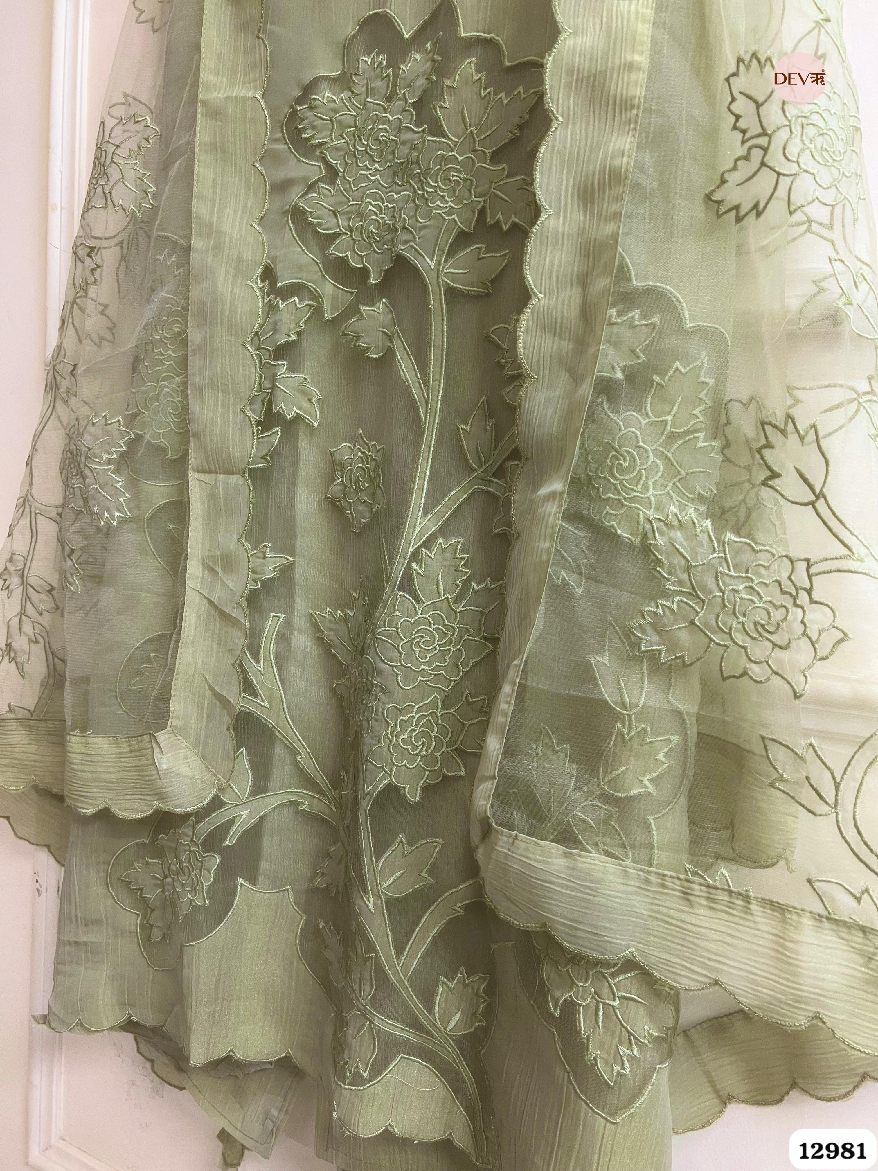 Green Tissue Crush Embroidered Unstitched 3-Piece Suit (Devri – D.No 12981)