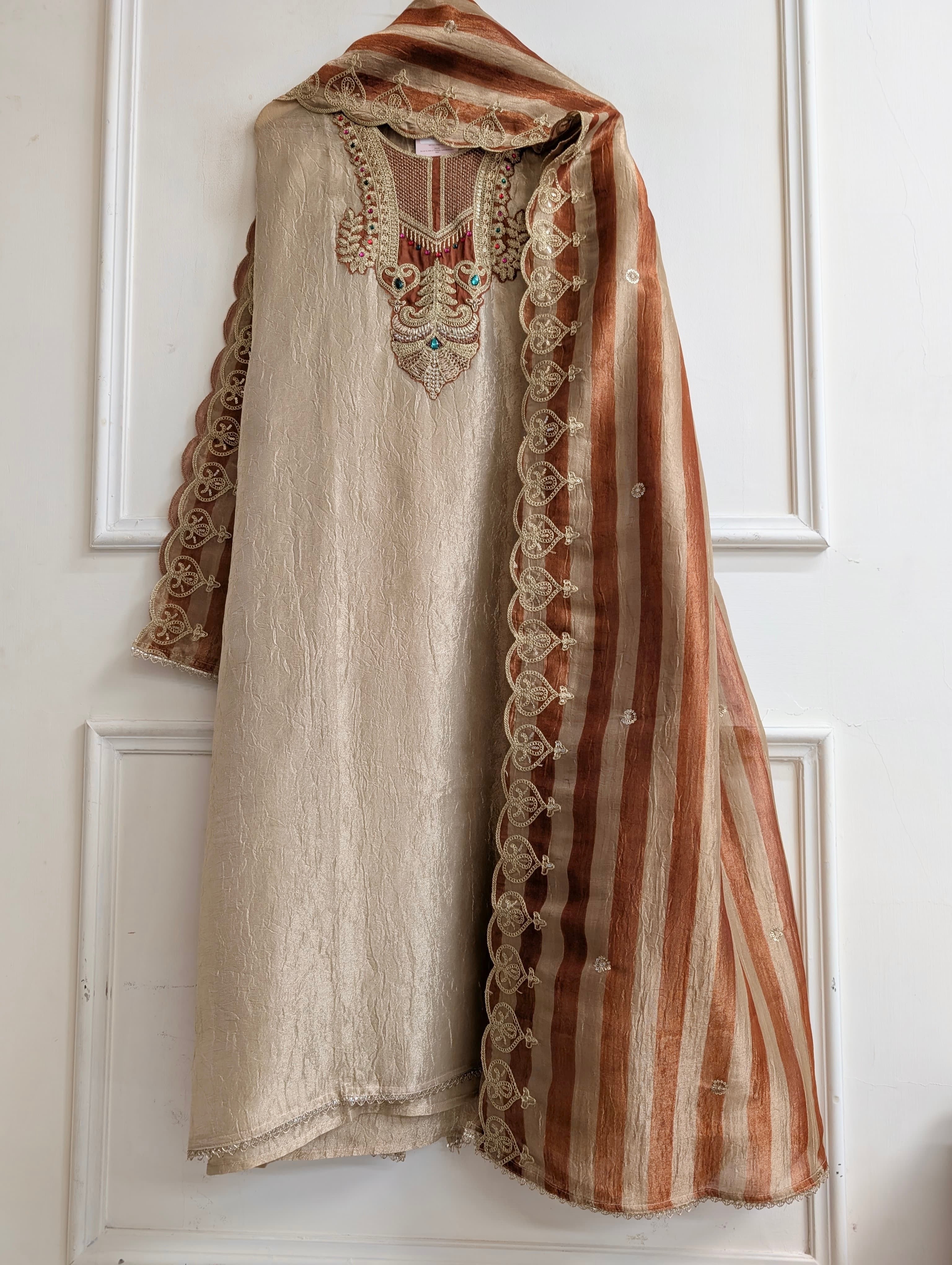 Beige Pure Tissue Silk Embroidered Unstitched 3-Piece Suit (Devri – D.No 13705)