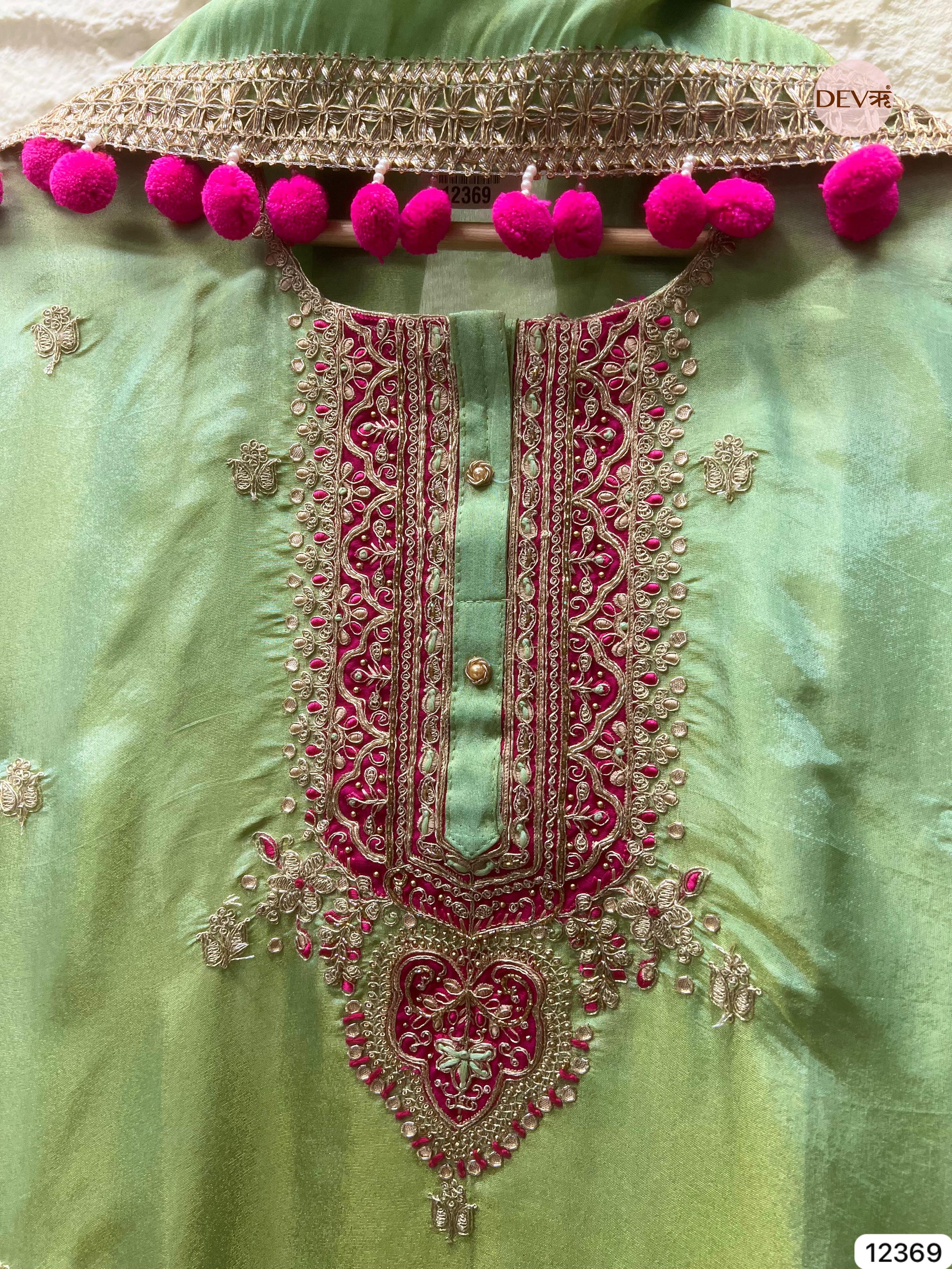 Mint Green Shimmer Silk Hand Embroidered Unstitched 3-Piece Suit (Devri – D.No 12369)