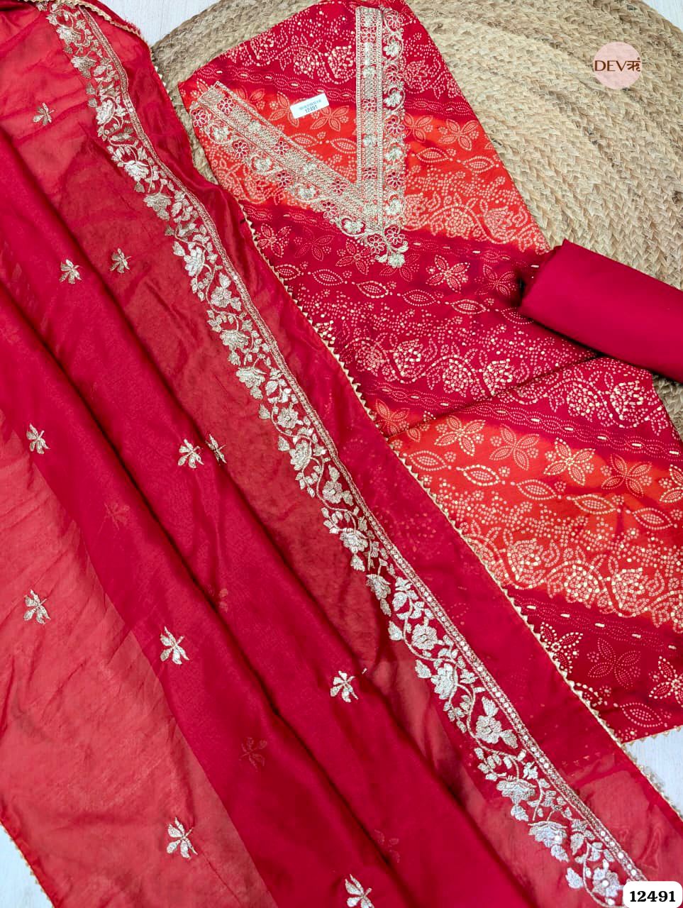 Red Modal Silk Embroidered Unstitched 3-Piece Suit (Devri – D.No 12491)