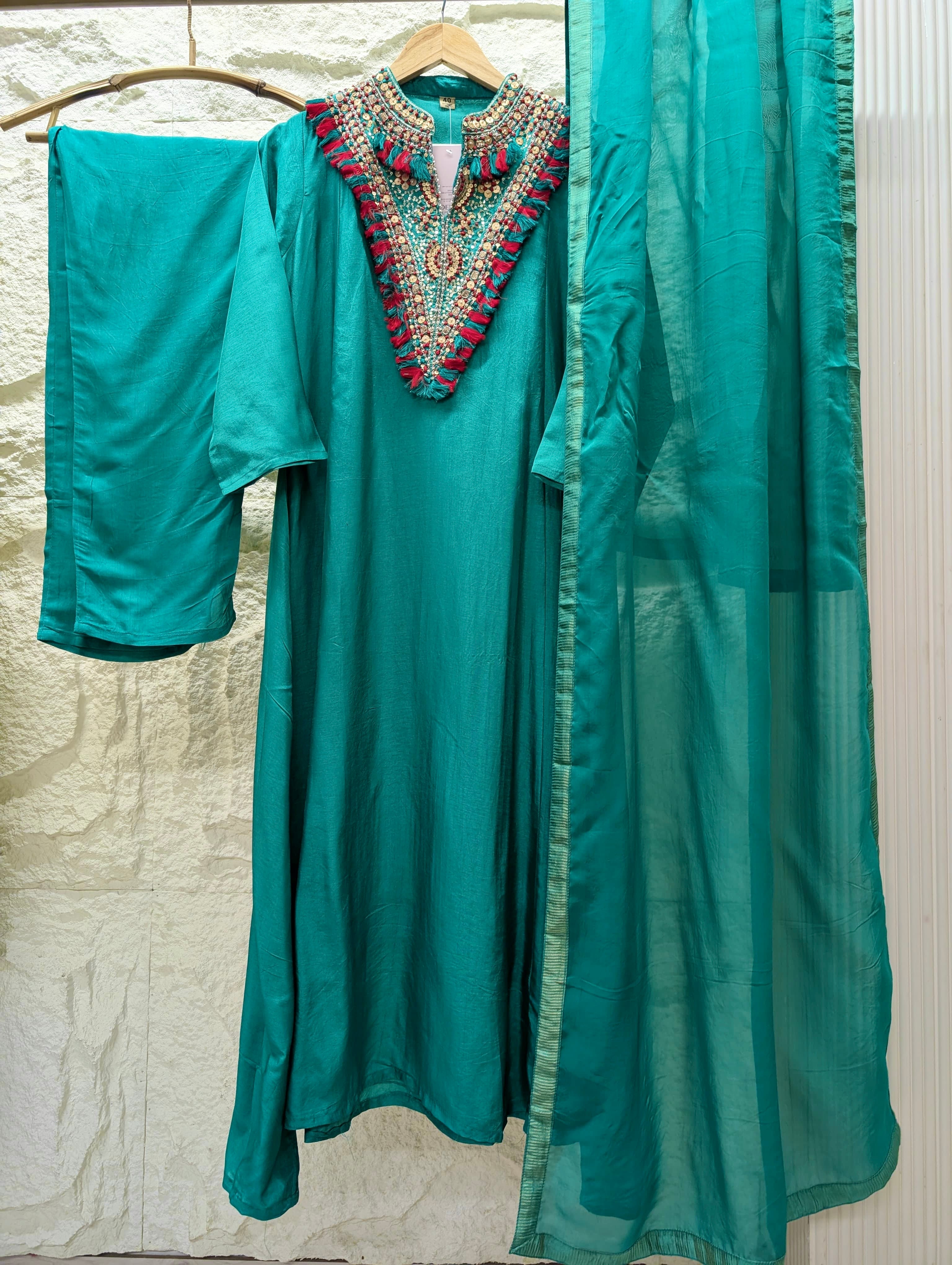 Zareen Pure Russian silk Embroidered Teal 3-Piece Set (Devri – D.No 13804)