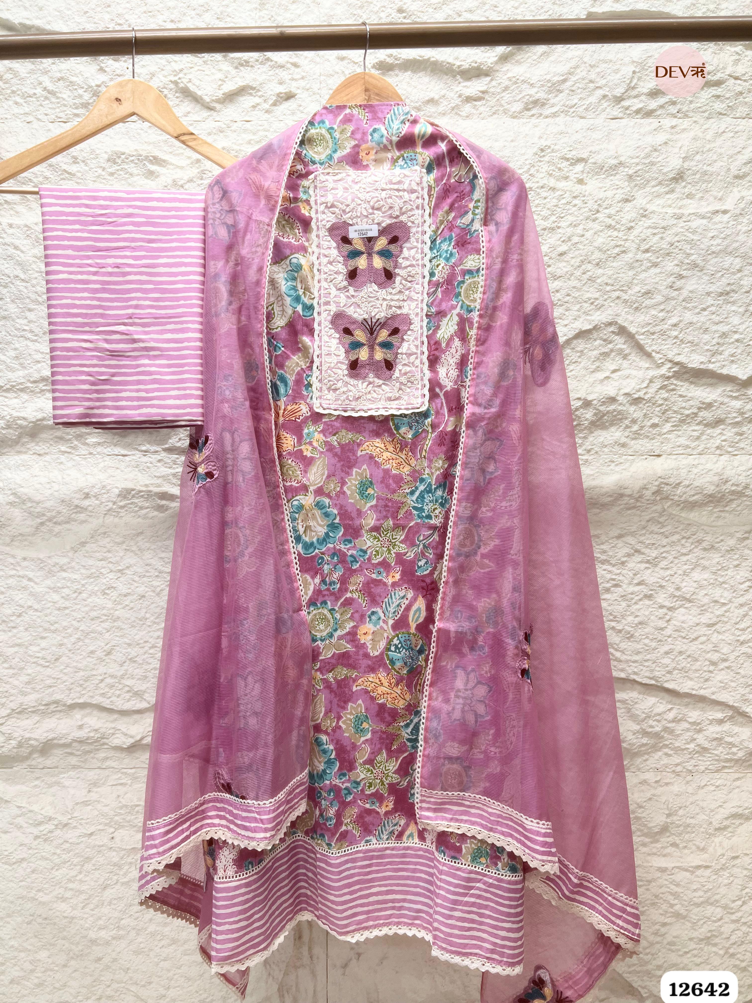 Pink Floral Cotton Unstitched 3-Piece Suit with Net Dupatta (Devri – D.No 12642)