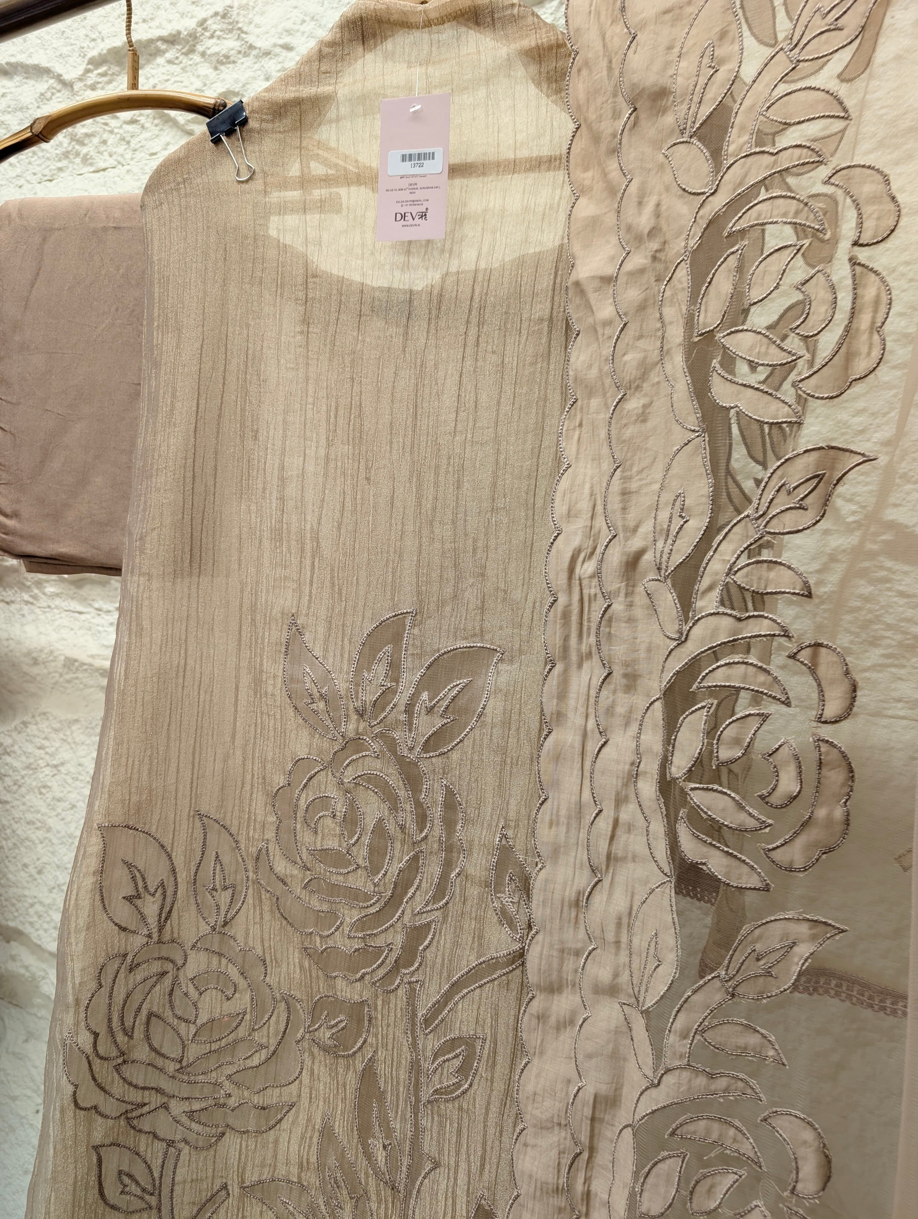 Beige Tissue Silk Embroidered Unstitched 3-Piece Suit (Devri – D.No 13722)