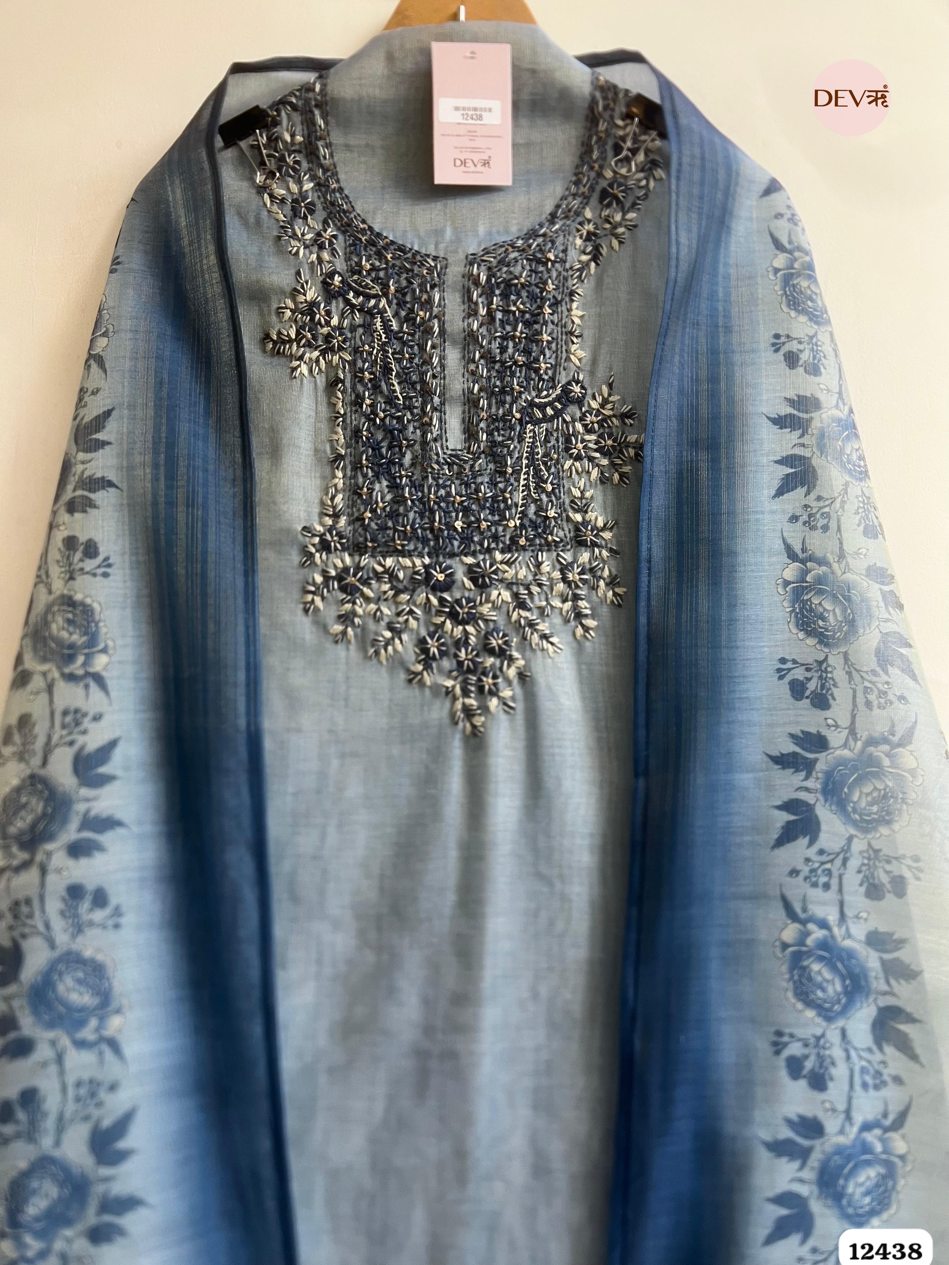 Dusty Blue Pure Linen Tissue Embroidered Unstitched 3-Piece Suit (Devri – D.No. 12438)