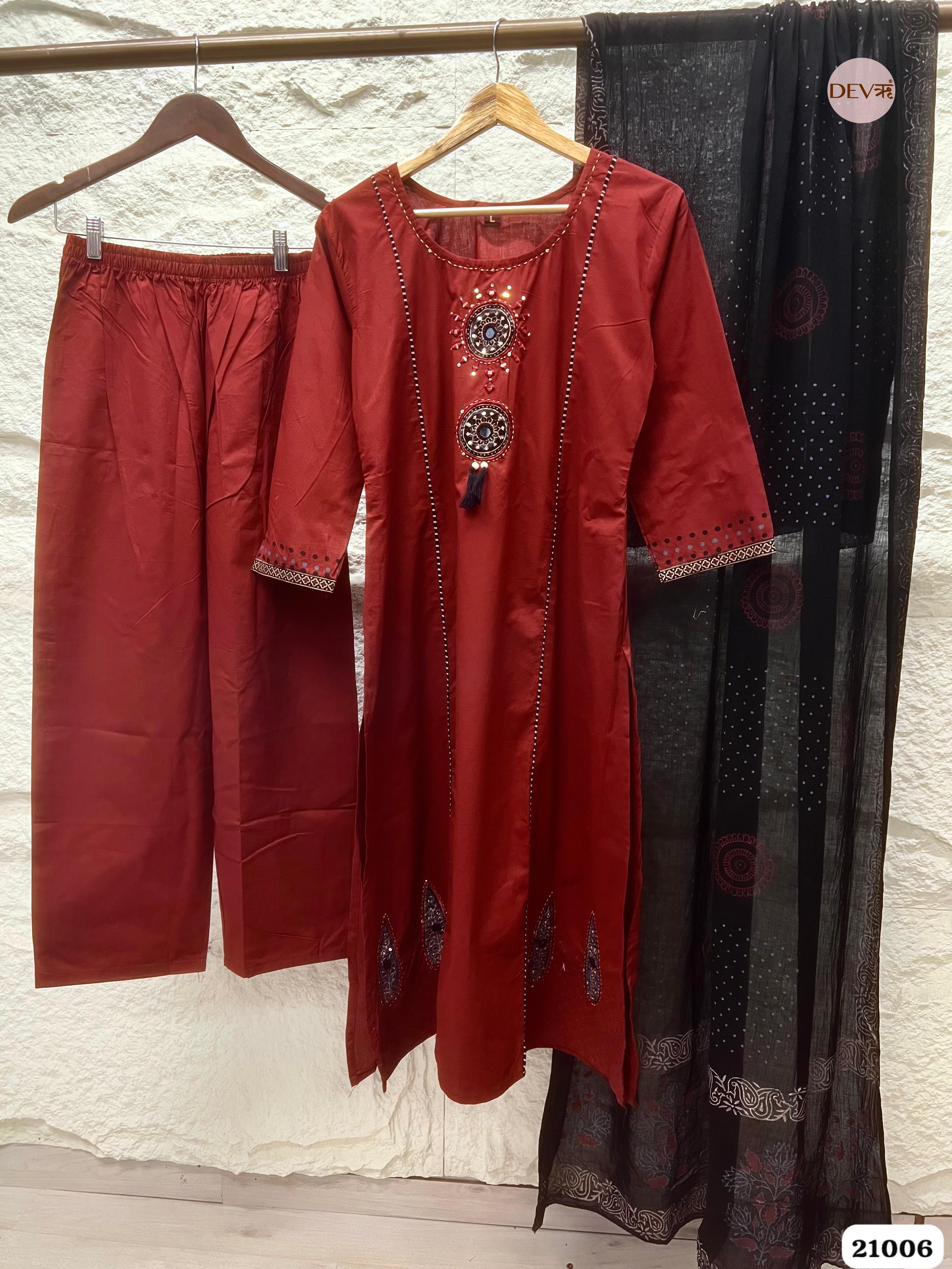 Ishani Cotton Embroidered Maroon 3-Piece Set (Devri – D.No 21006)