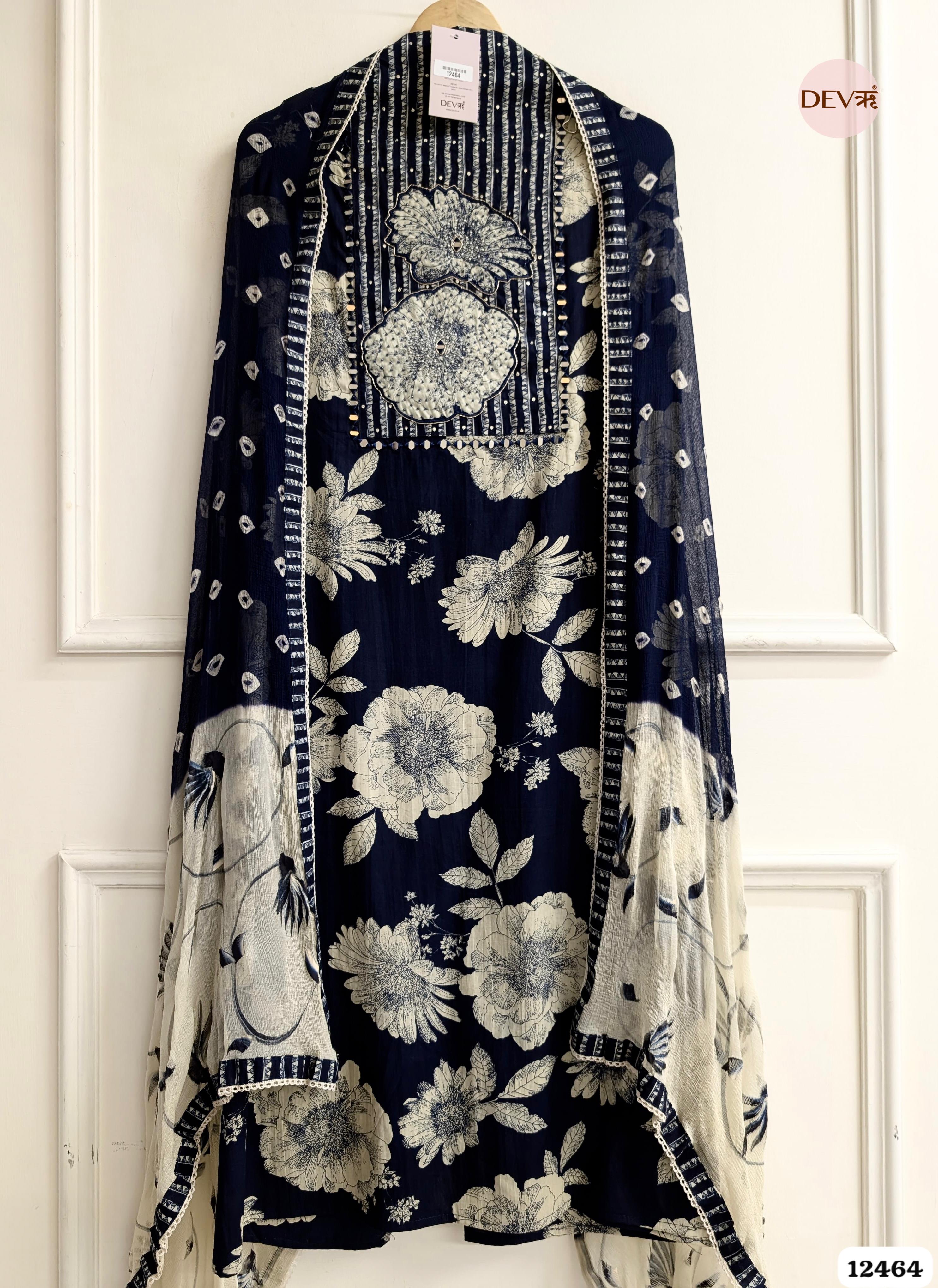 Navy Blue Cotton Printed Unstitched 3-Piece Suit (Devri – D.No. 12464)