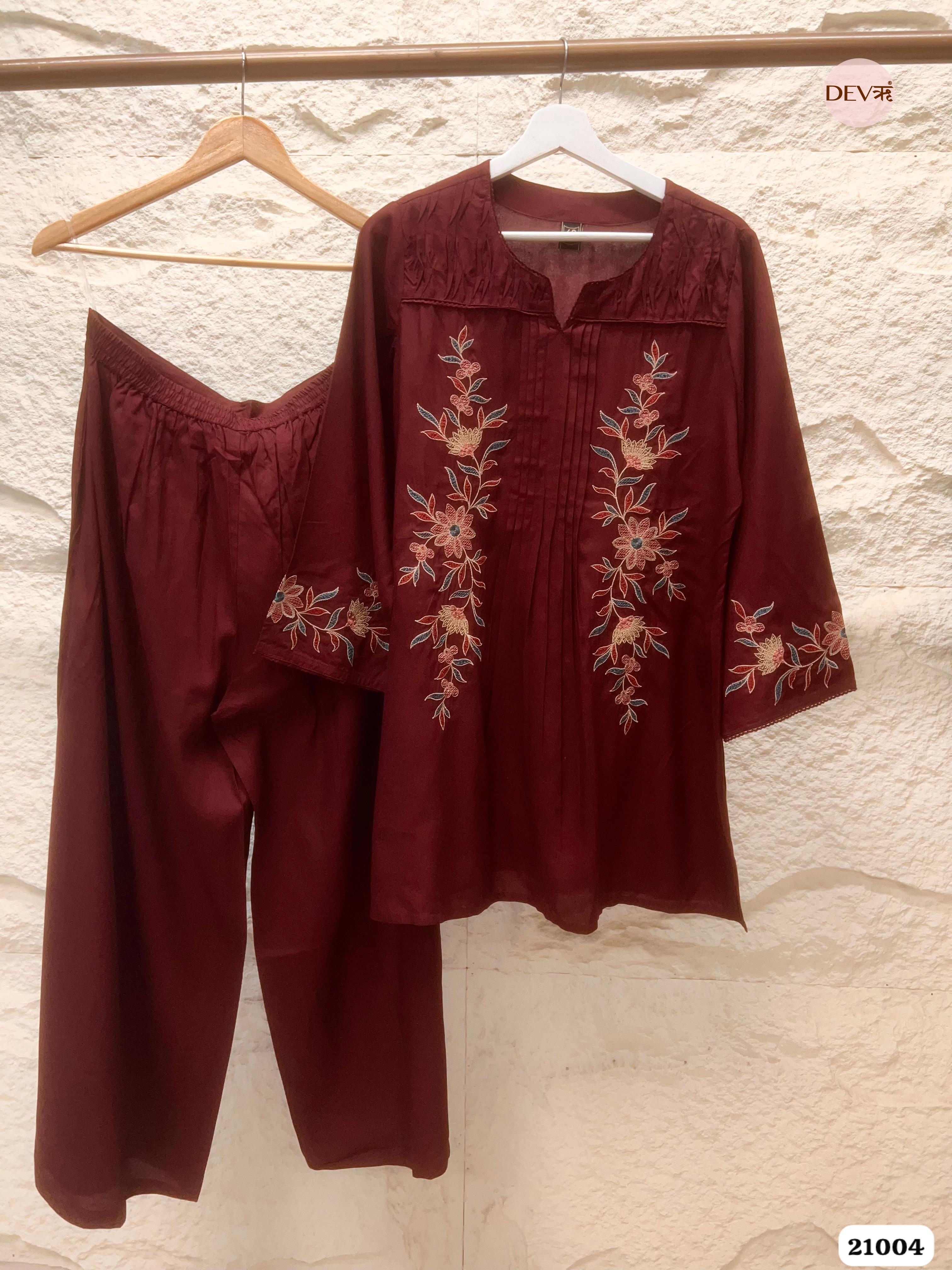 Ishani Cotton Embroidered Maroon 2-Piece Set (Devri – D.No 21004)