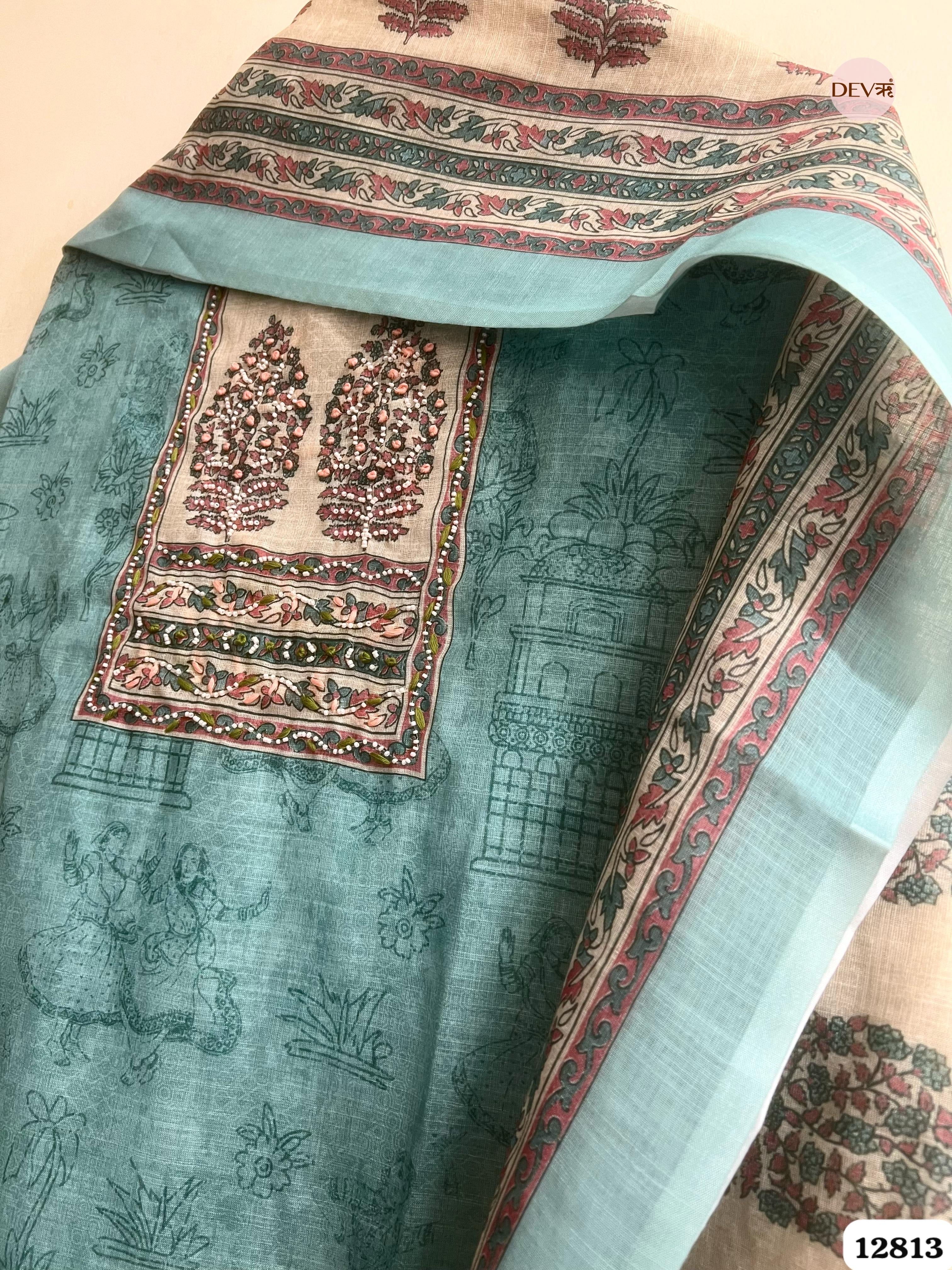 Aqua Linen Cotton Printed Unstitched 3-Piece Suit (Devri – D.No 12813)