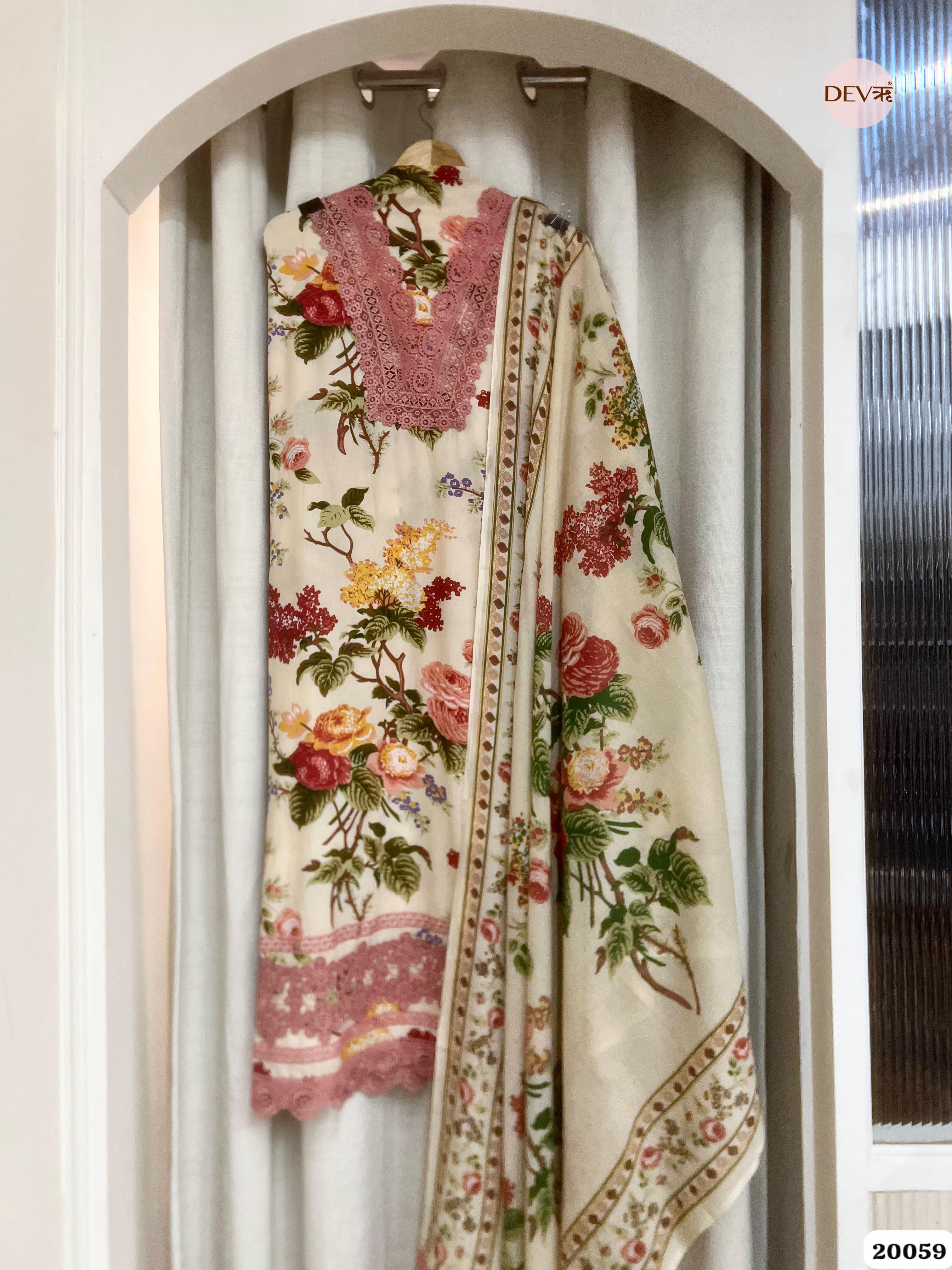 Ivory Cotton Printed Unstitched 3-Piece Suit (Devri – D.No. 20059)