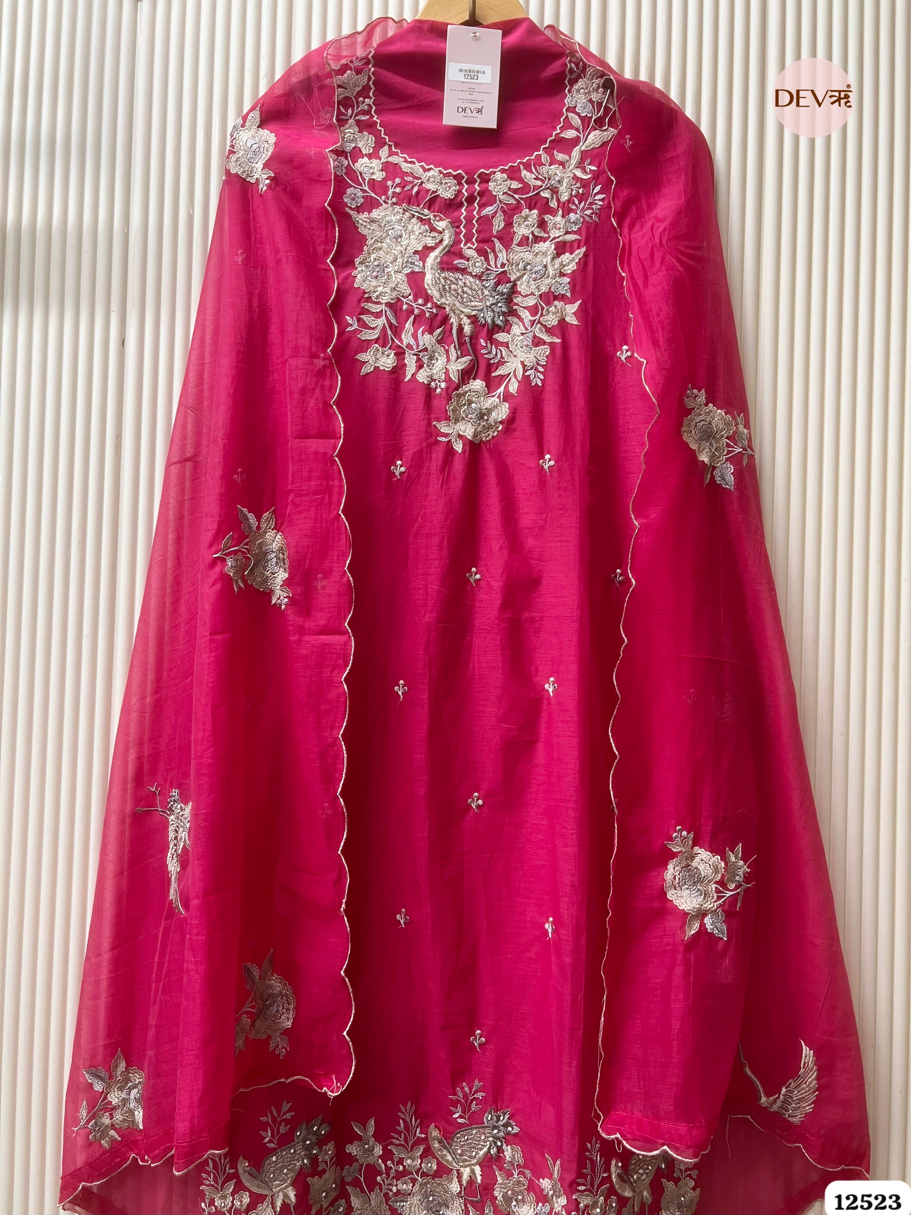 Deep Pink Pure Mul Chanderi Embroidered Unstitched 3-Piece Suit (Devri – D.No .12523)