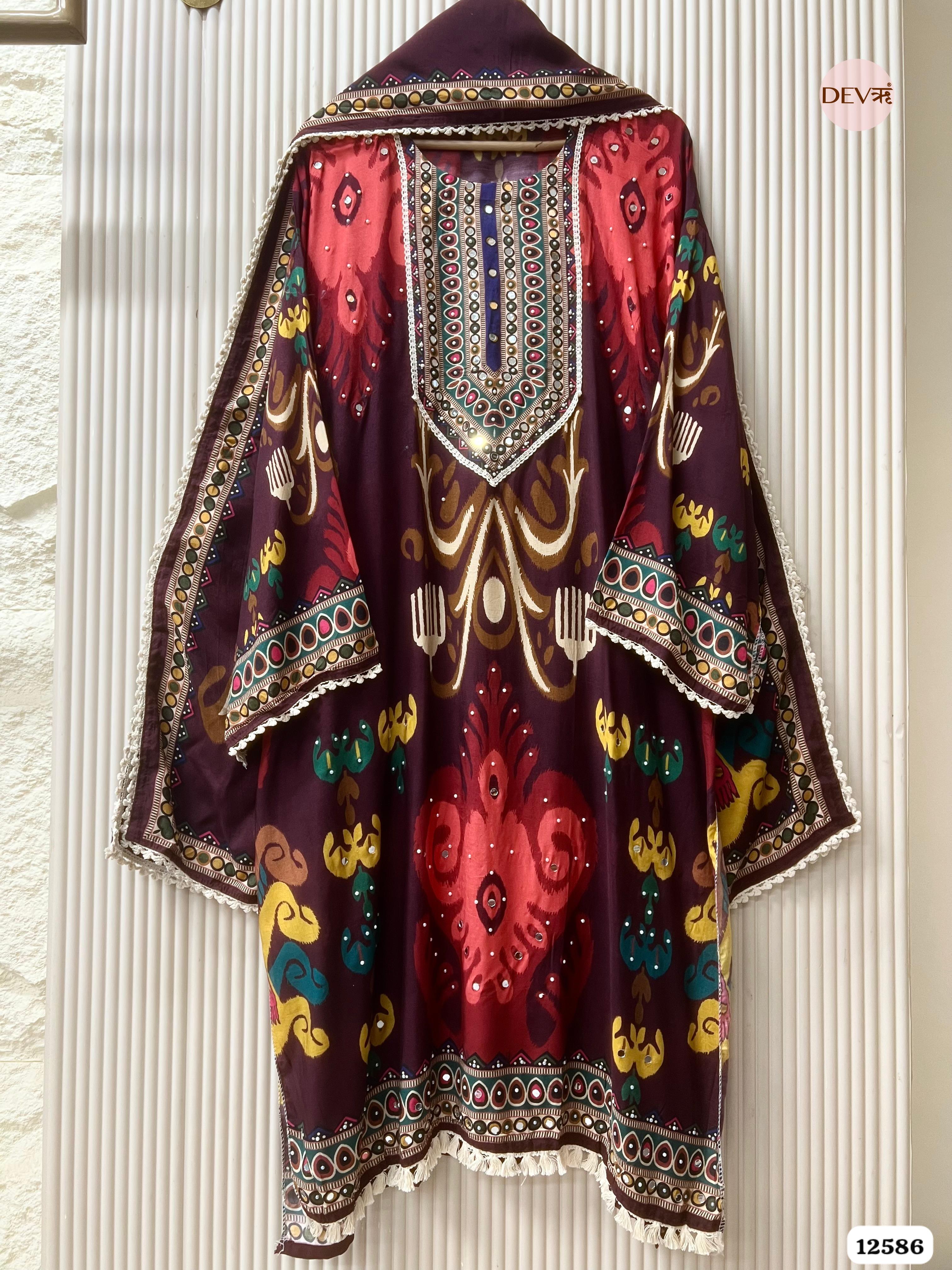 Deep Wine Muslin Printed Unstitched 3-Piece Suit (Devri – D.No 12586)