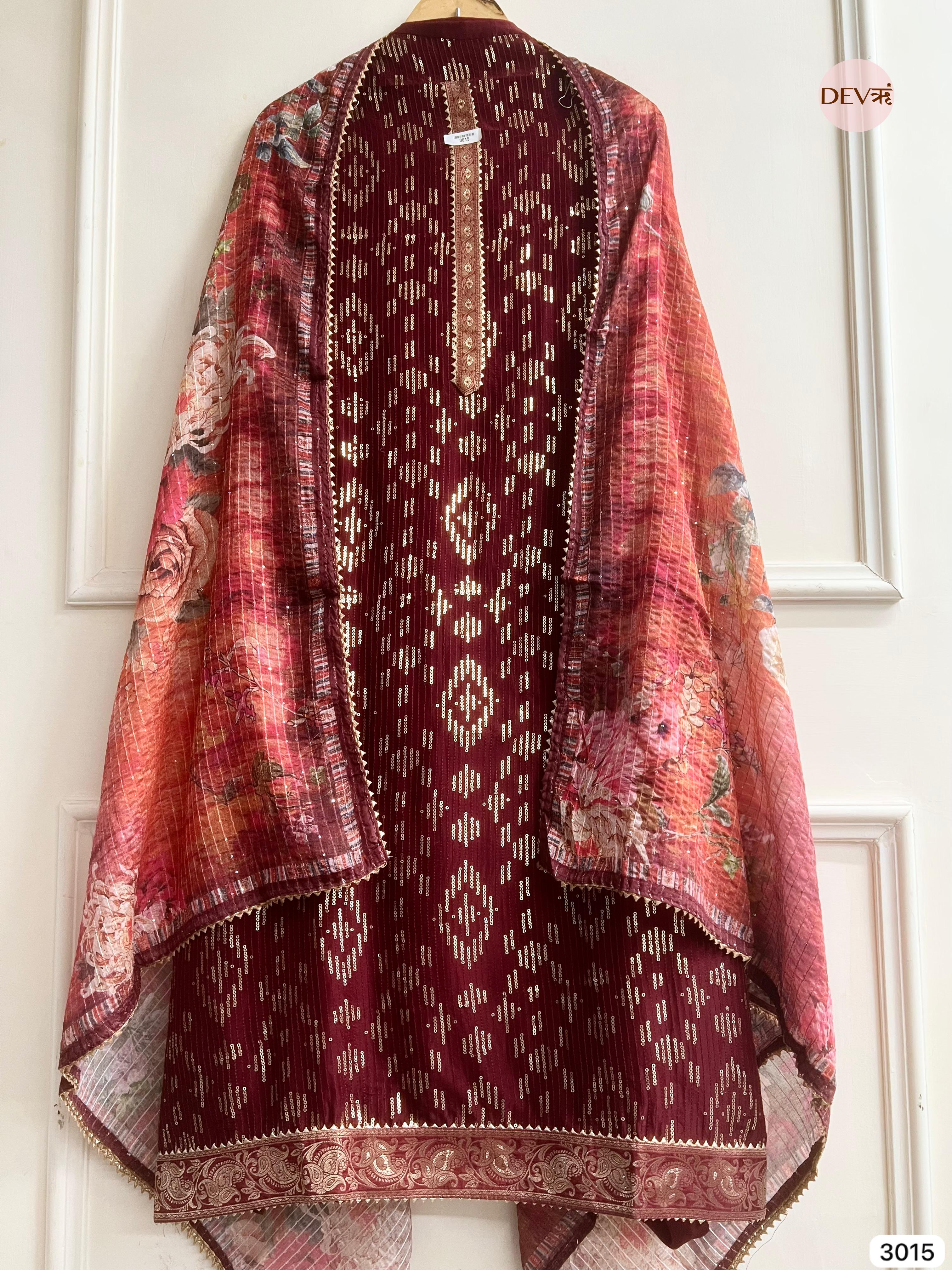 Maroon Upada Silk Embroidered Unstitched 3-Piece Suit (Devri – D.No 3015)