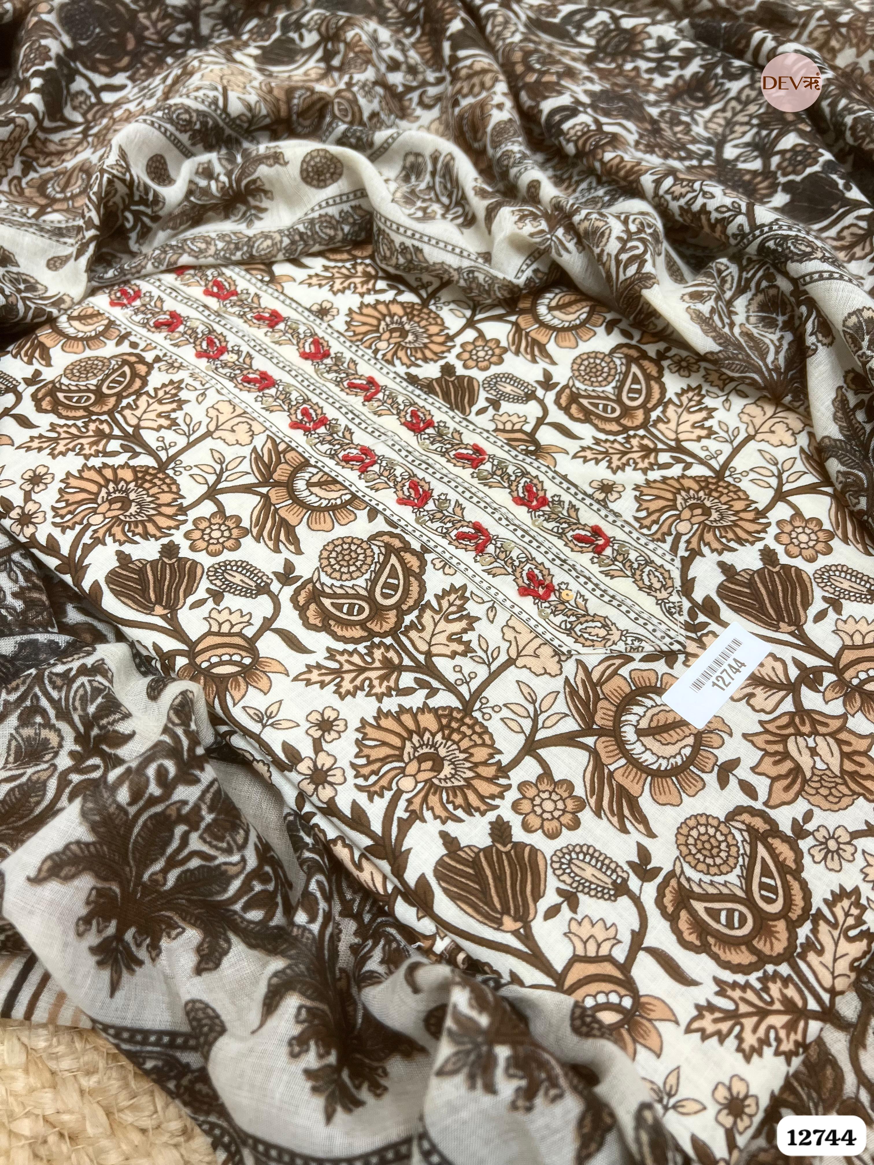 Beige Cotton Printed Unstitched 3-Piece Suit (Devri – D.No 12744)