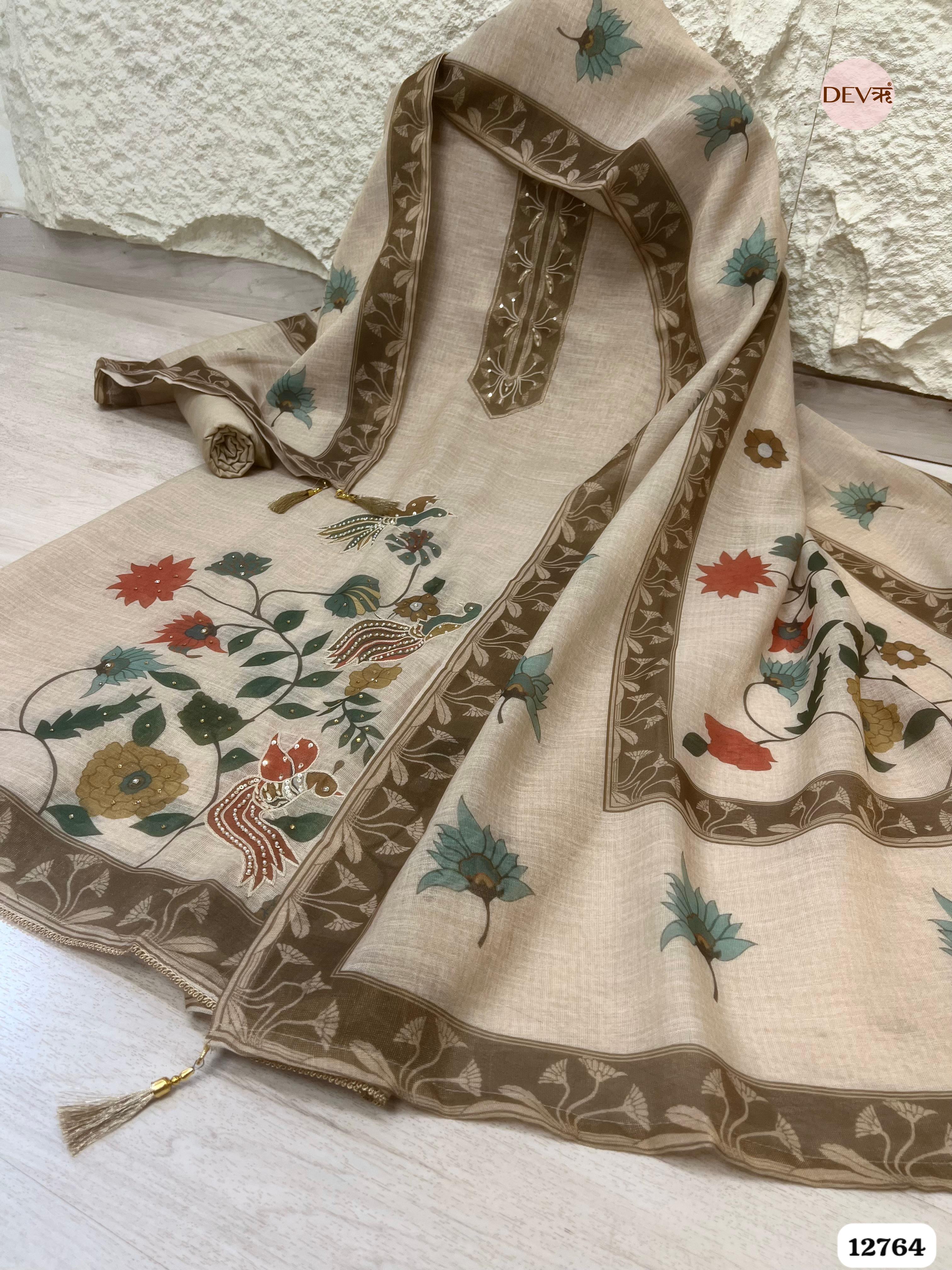Beige Linen Cotton Embroidered Unstitched 3-Piece Suit (Devri – D.No 12764)