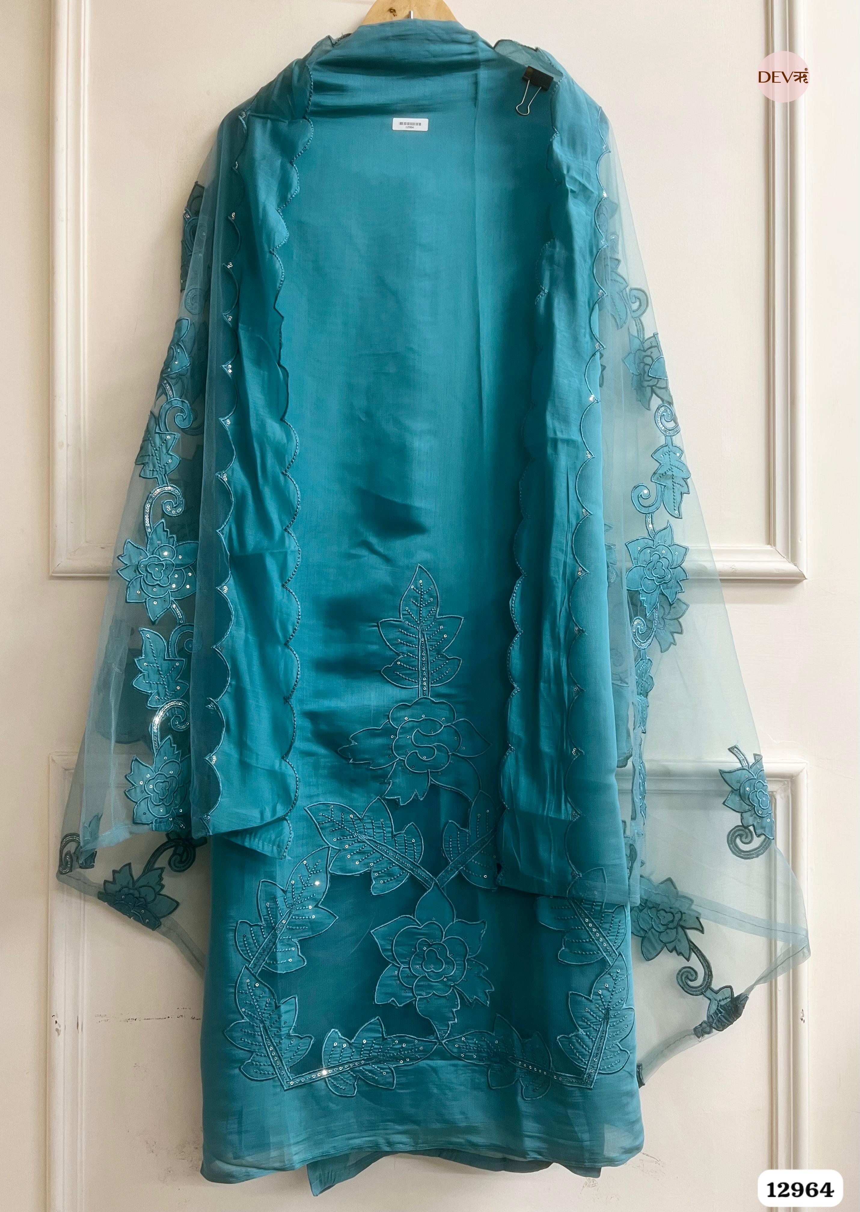 Teal Roman Silk Embroidered Unstitched 3-Piece Suit (Devri – D.No 12964)